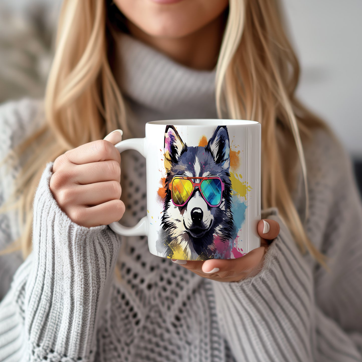 Hrnek s cool huskym a barevnými brýlemi