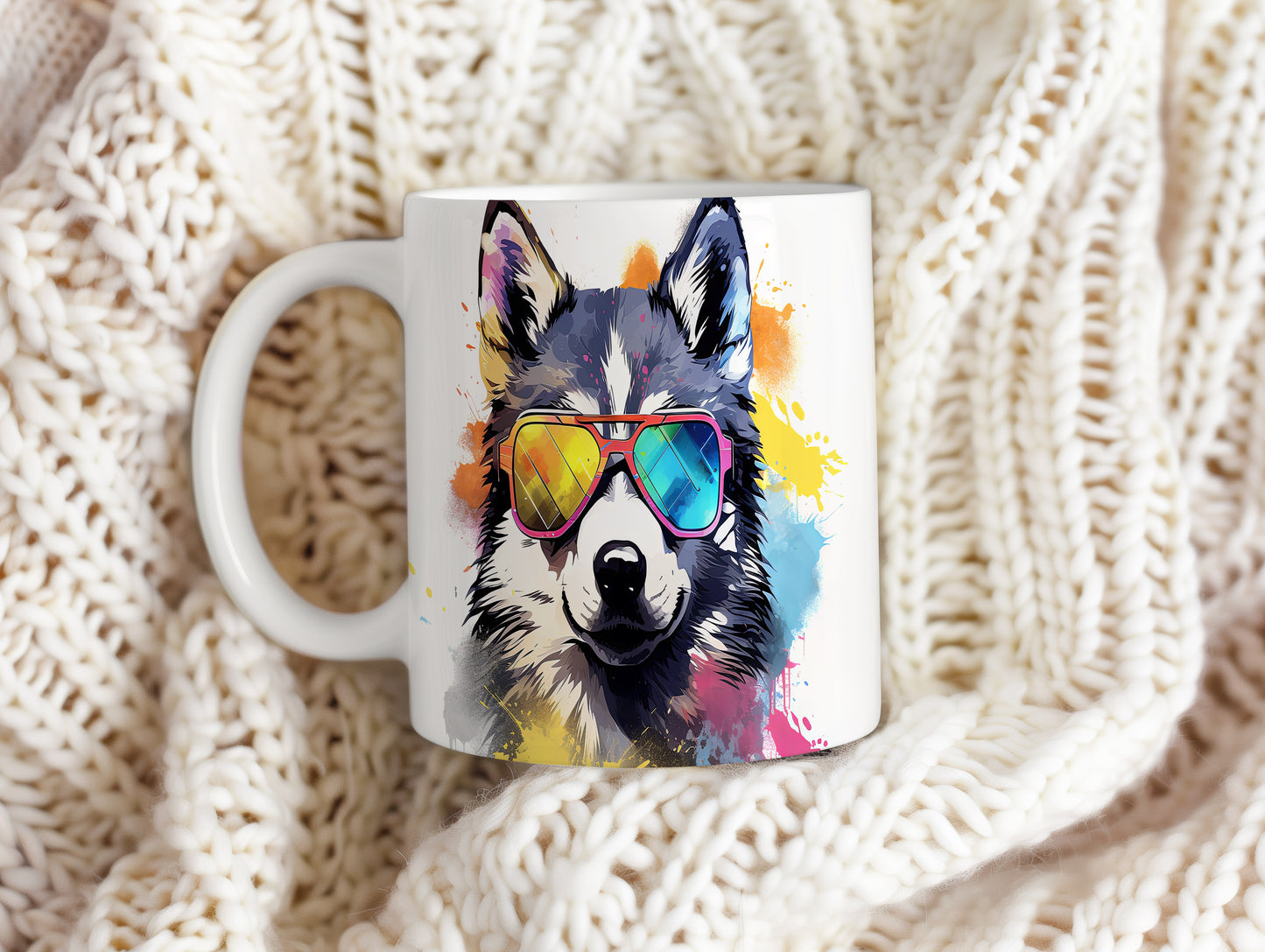 Hrnek s cool huskym a barevnými brýlemi