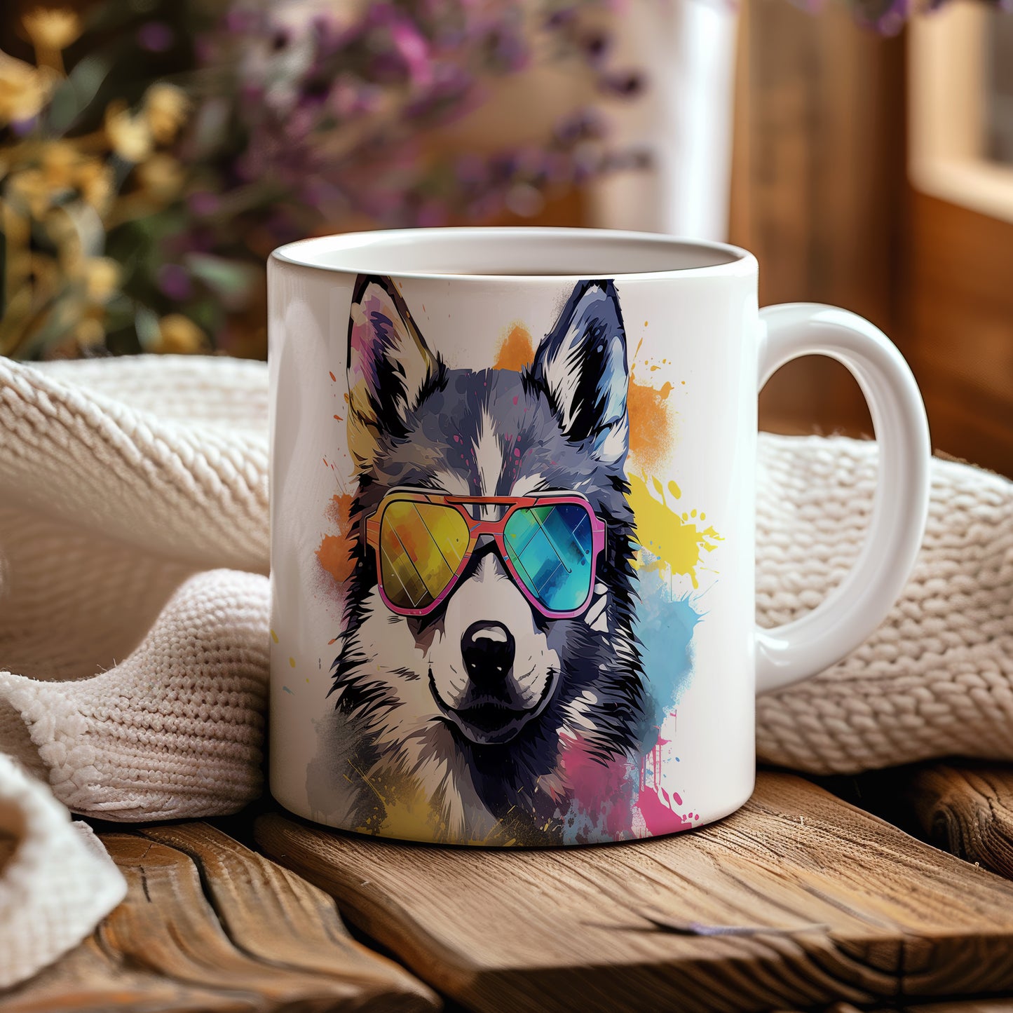 Hrnek s cool huskym a barevnými brýlemi