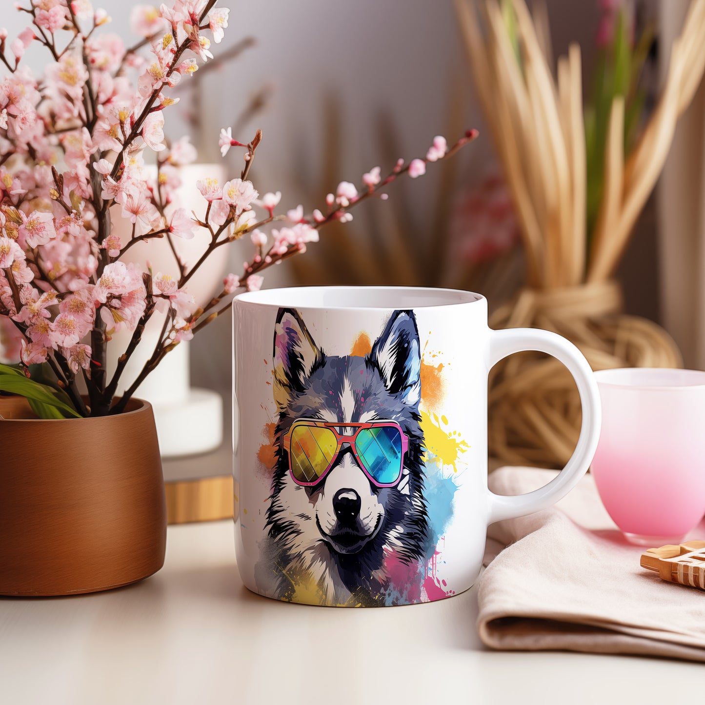 Hrnek s cool huskym a barevnými brýlemi