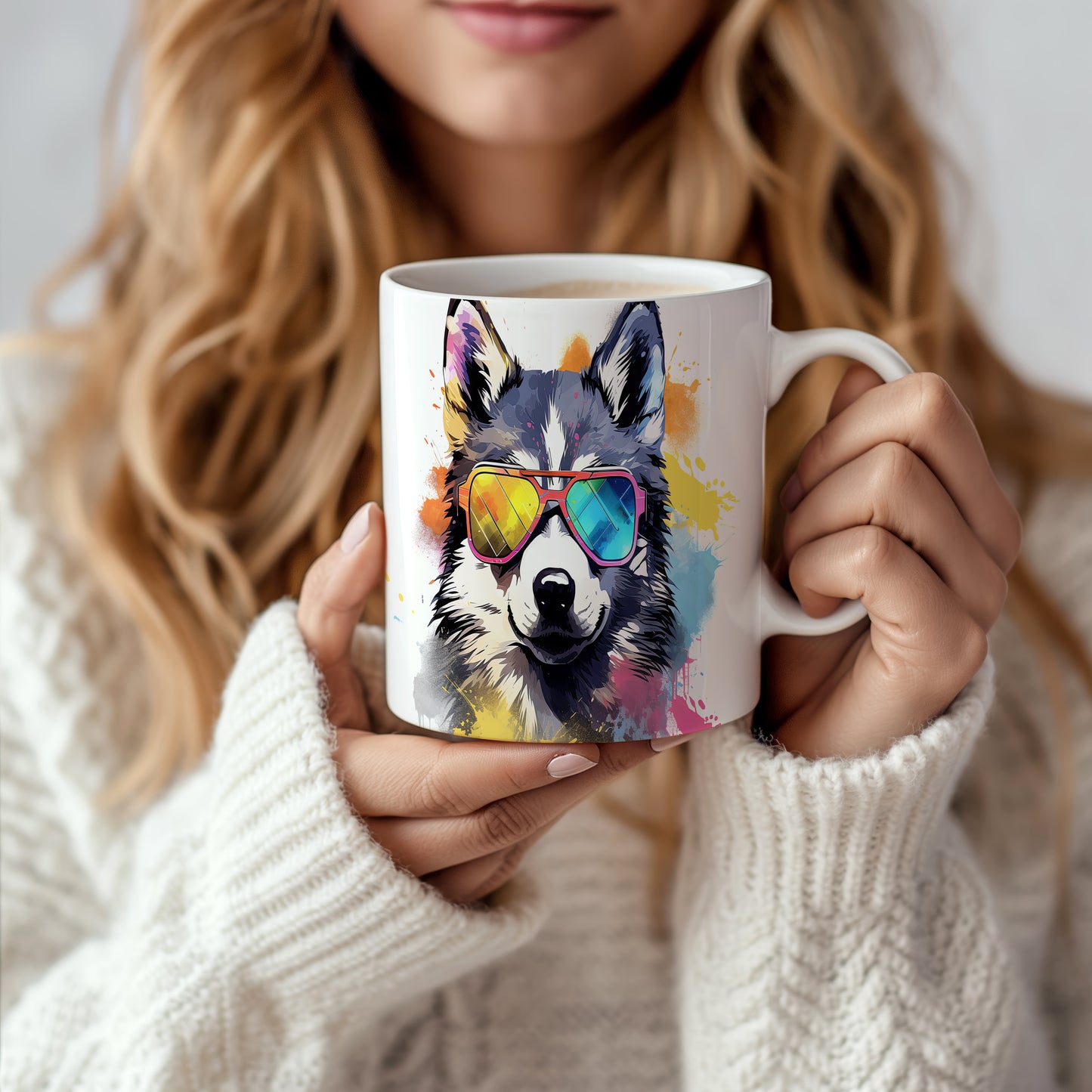 Hrnek s cool huskym a barevnými brýlemi