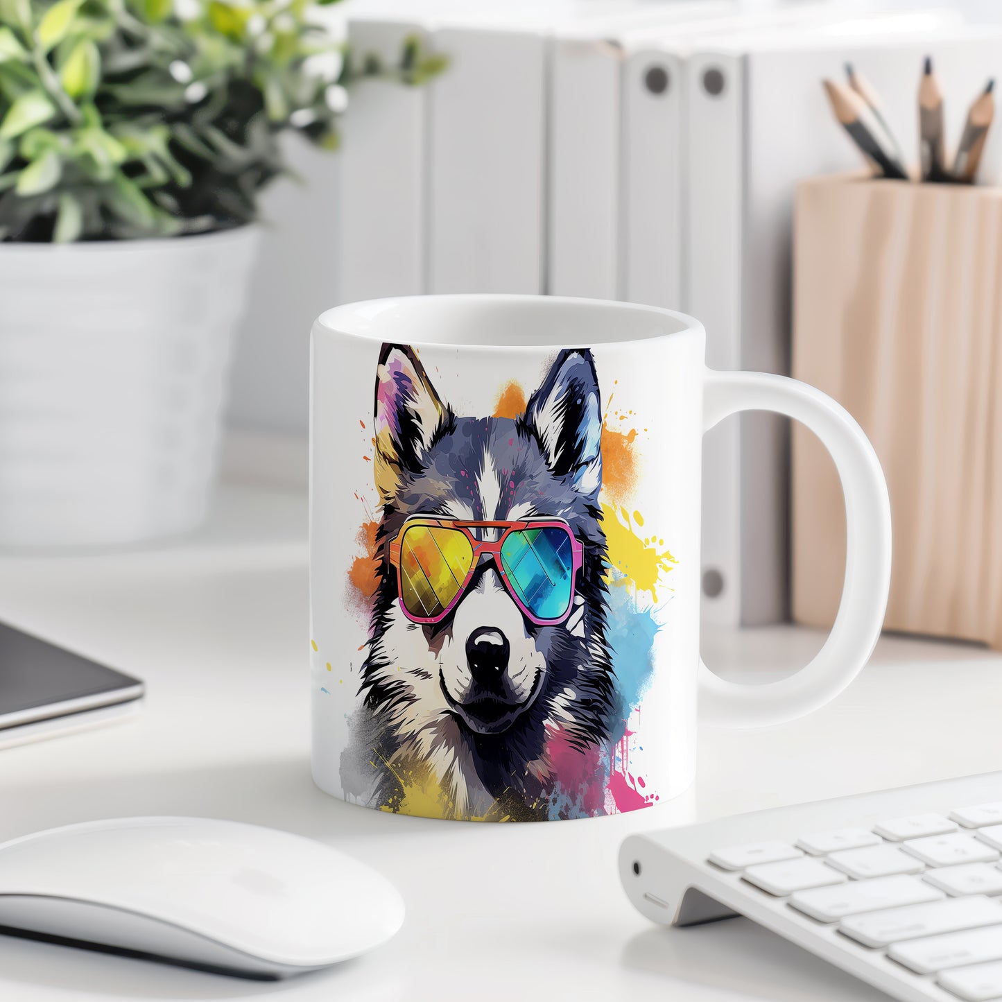 Hrnek s cool huskym a barevnými brýlemi