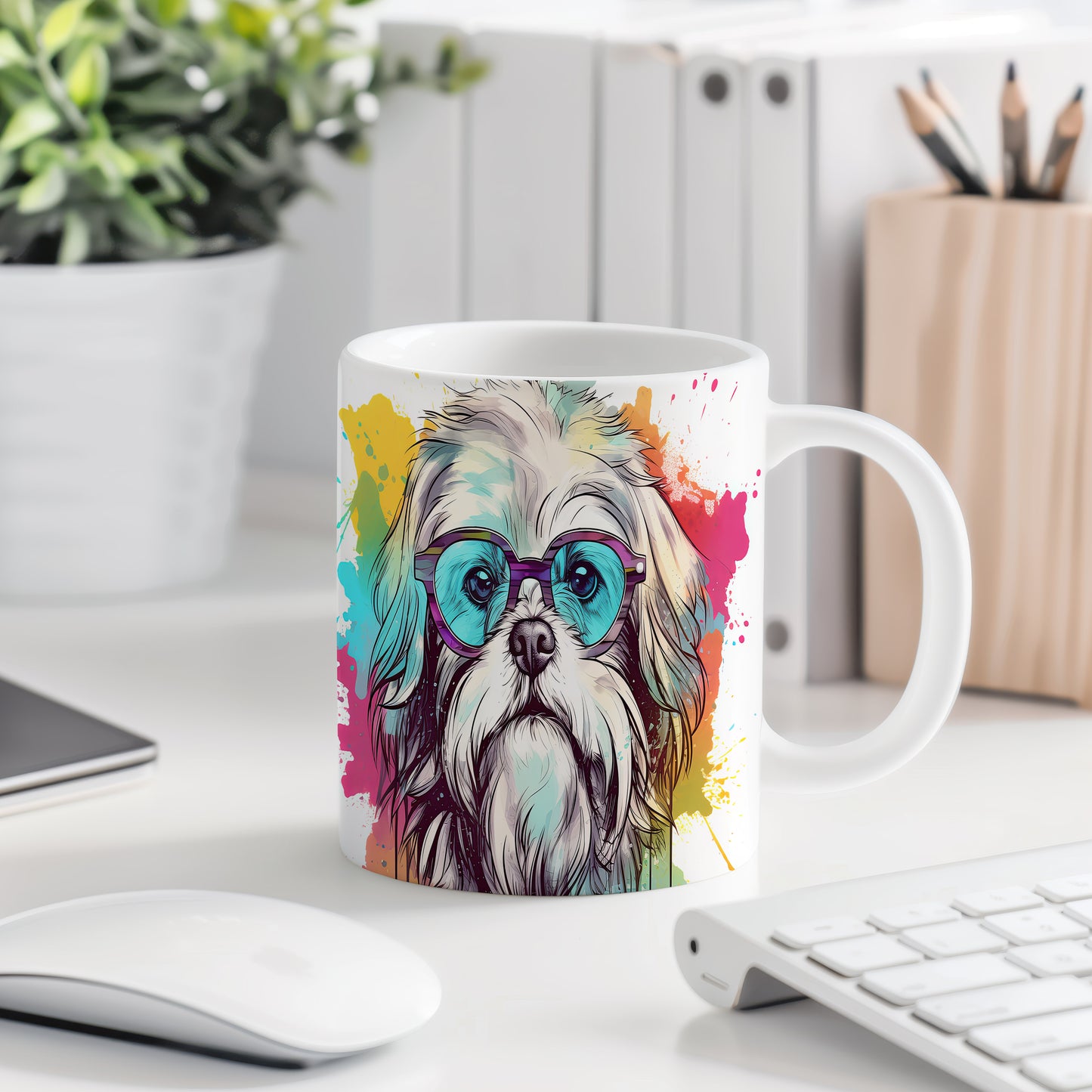 Hrnek s shih tzu hipsterem a barevným pozadím