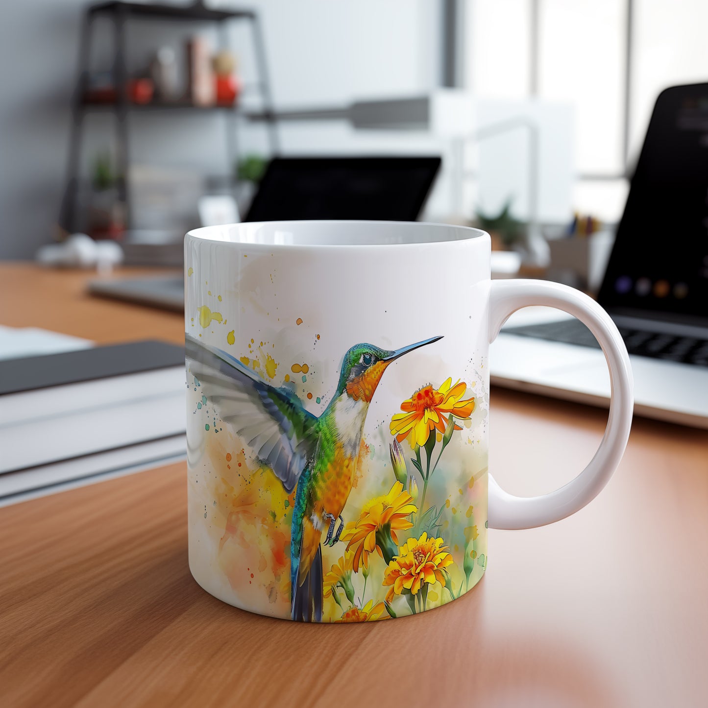 Hrnek s kolibříkem a květinami – výrazným designem