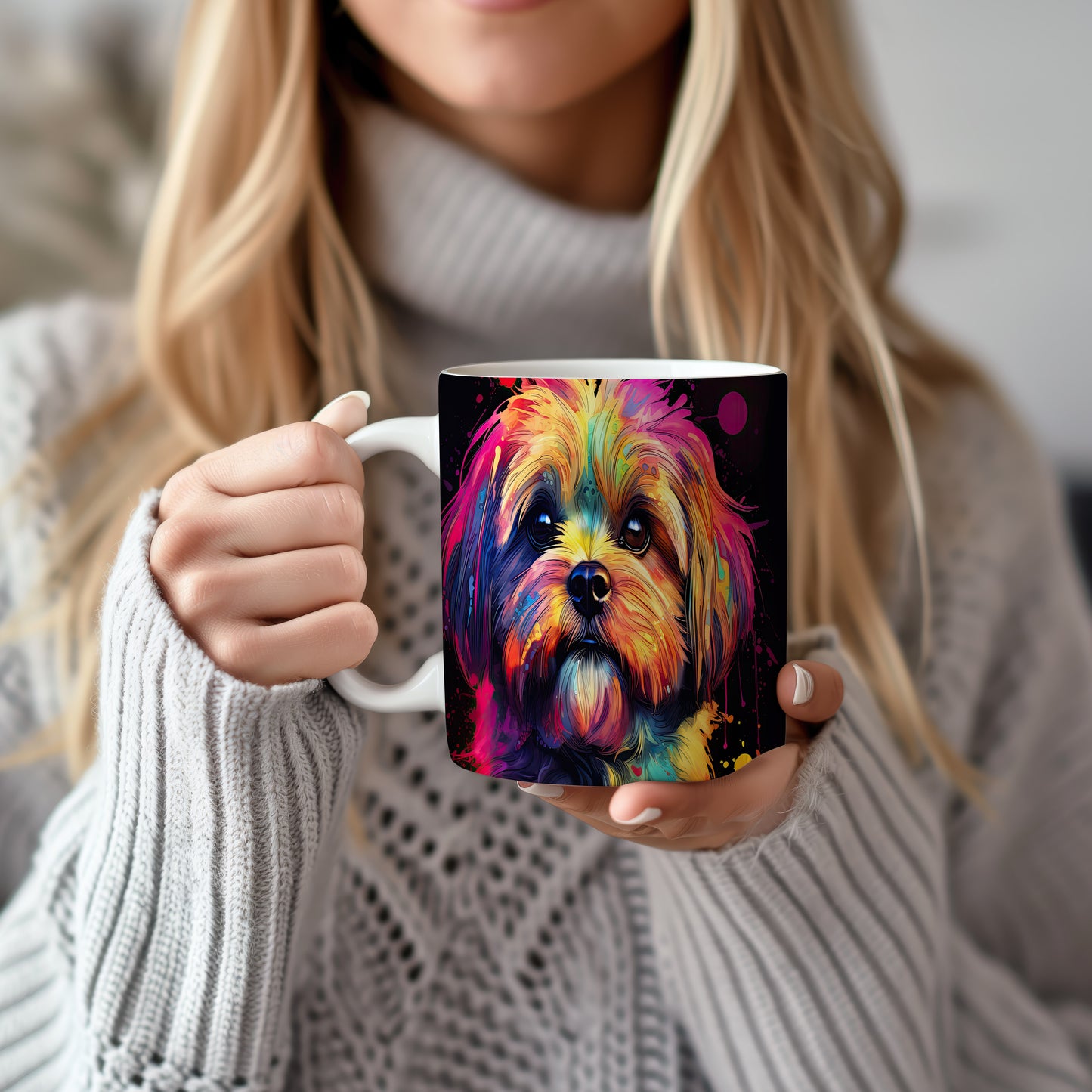 Hrnek s digitální ilustrací barevného psa v uměleckém stylu
