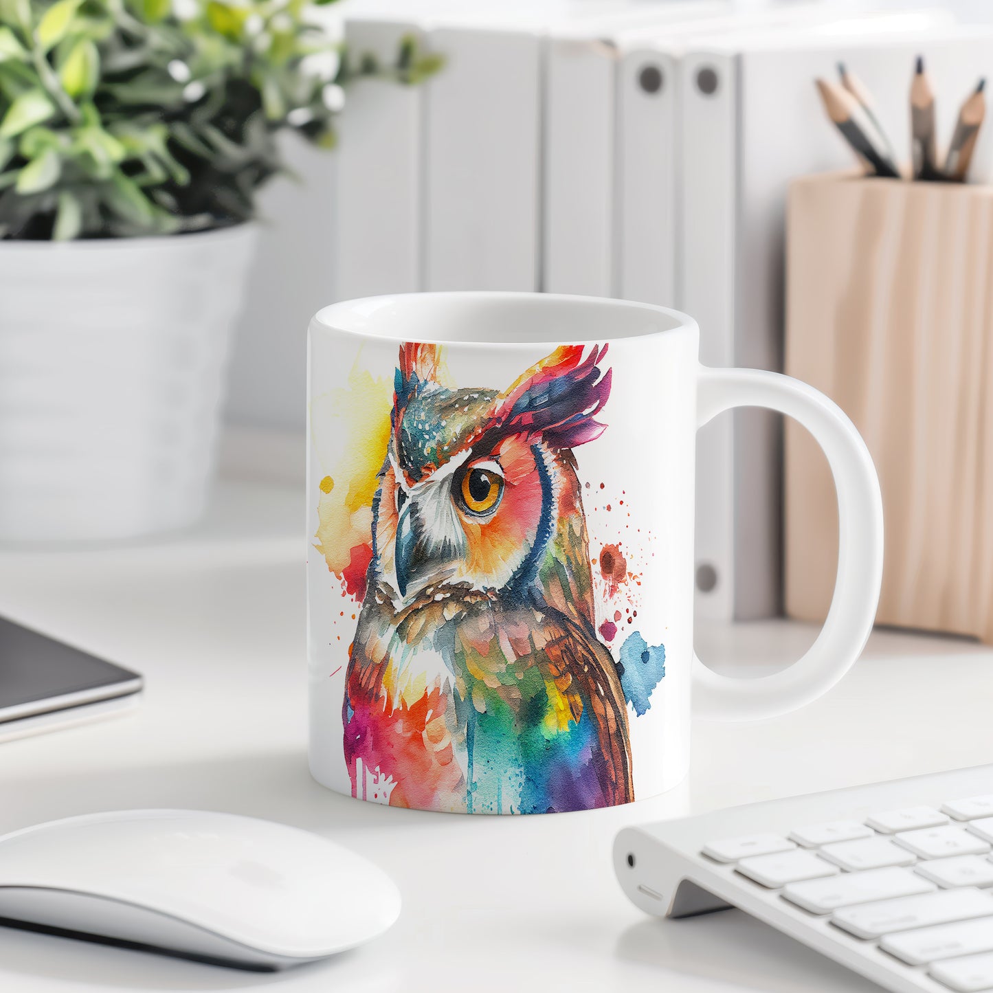 Hrnek s barevným motivem sovy – výrazným designem