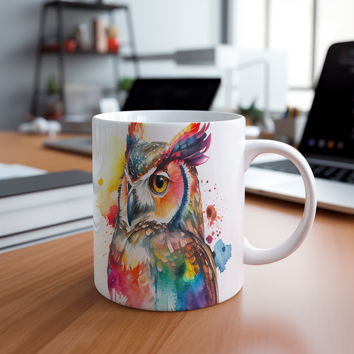 Hrnek s barevným motivem sovy – výrazným designem