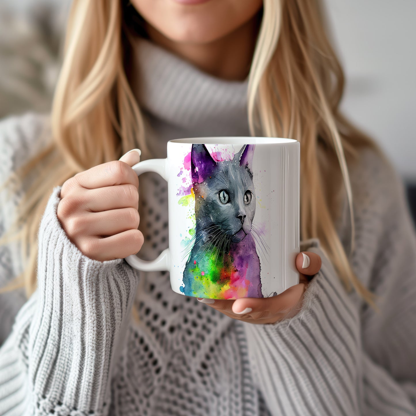 Hrnek s obličejem šedé kočky