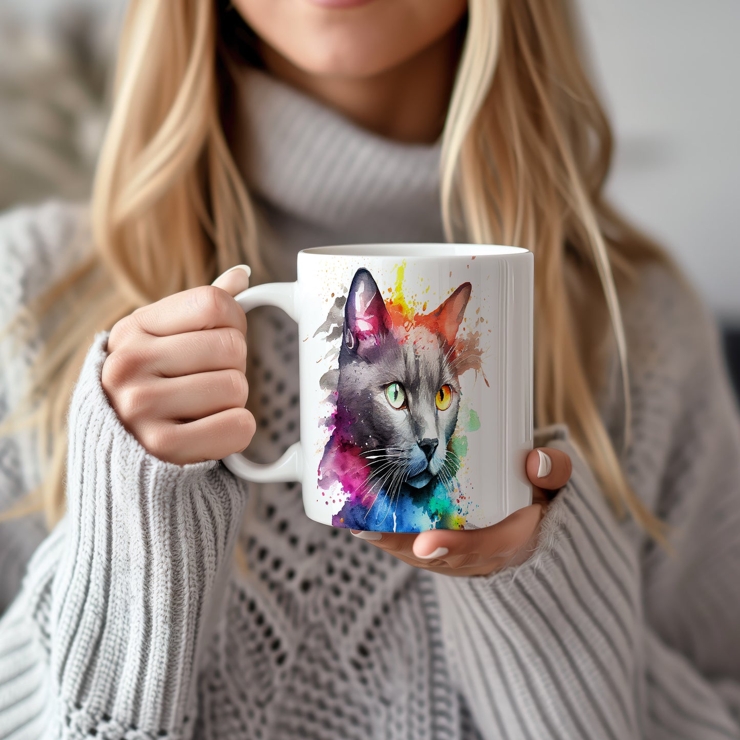 Hrnek s ilustrací šedé kočky