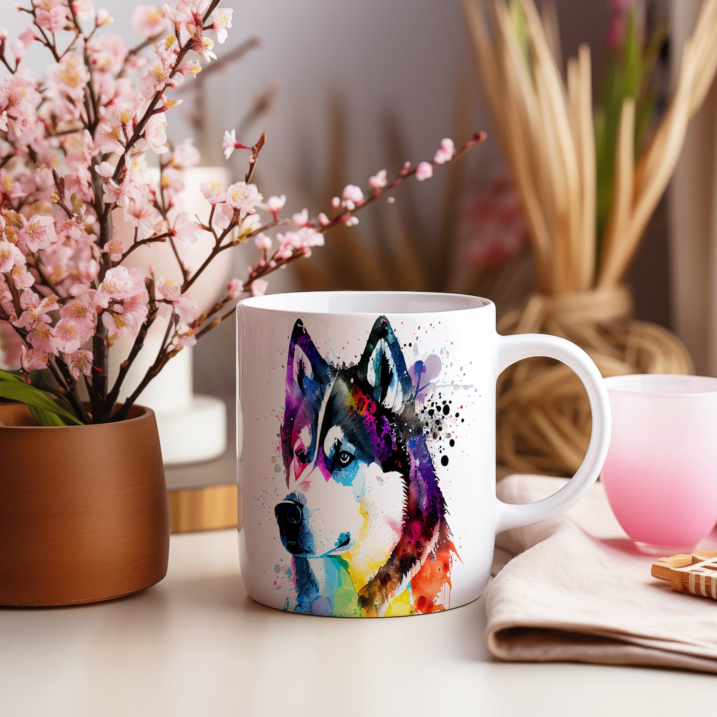 Hrnek s barevným portrétem huskyho