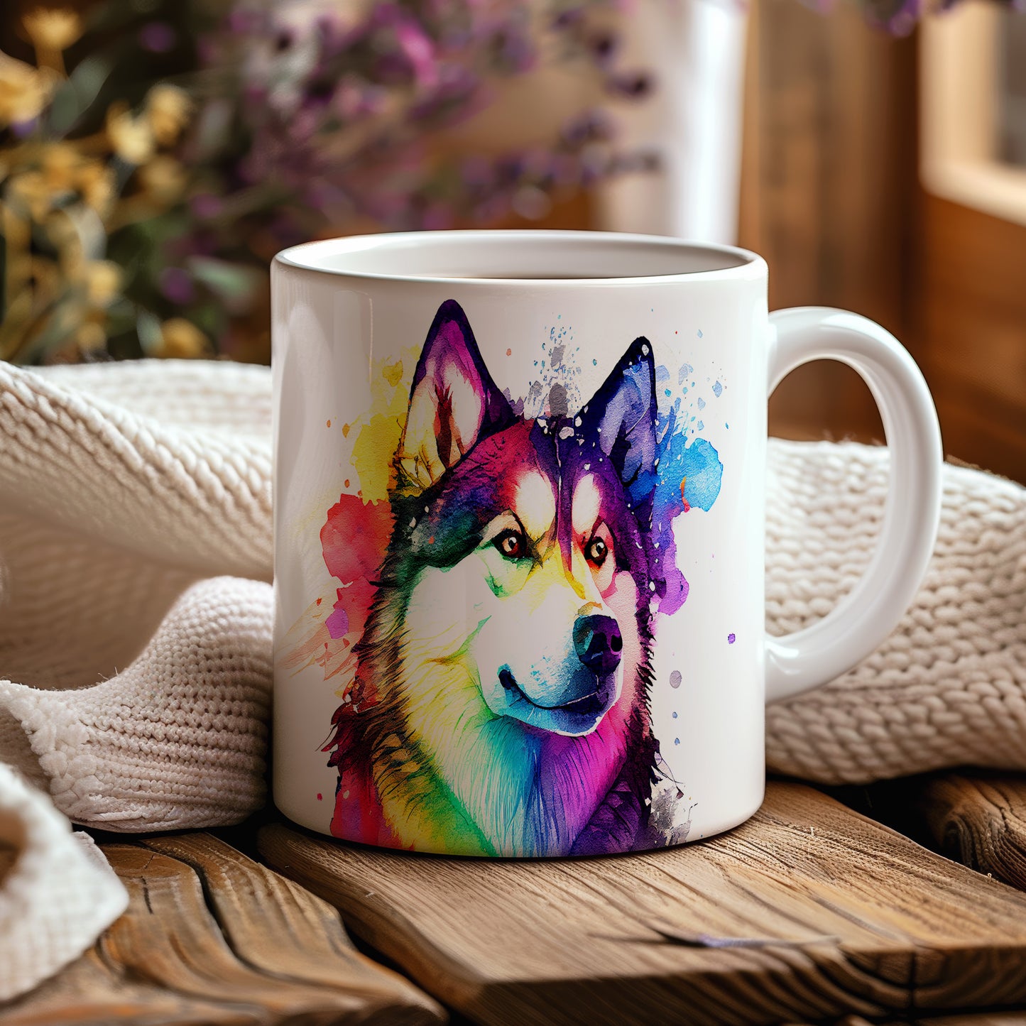 Hrnek s barevným motivem huskyho
