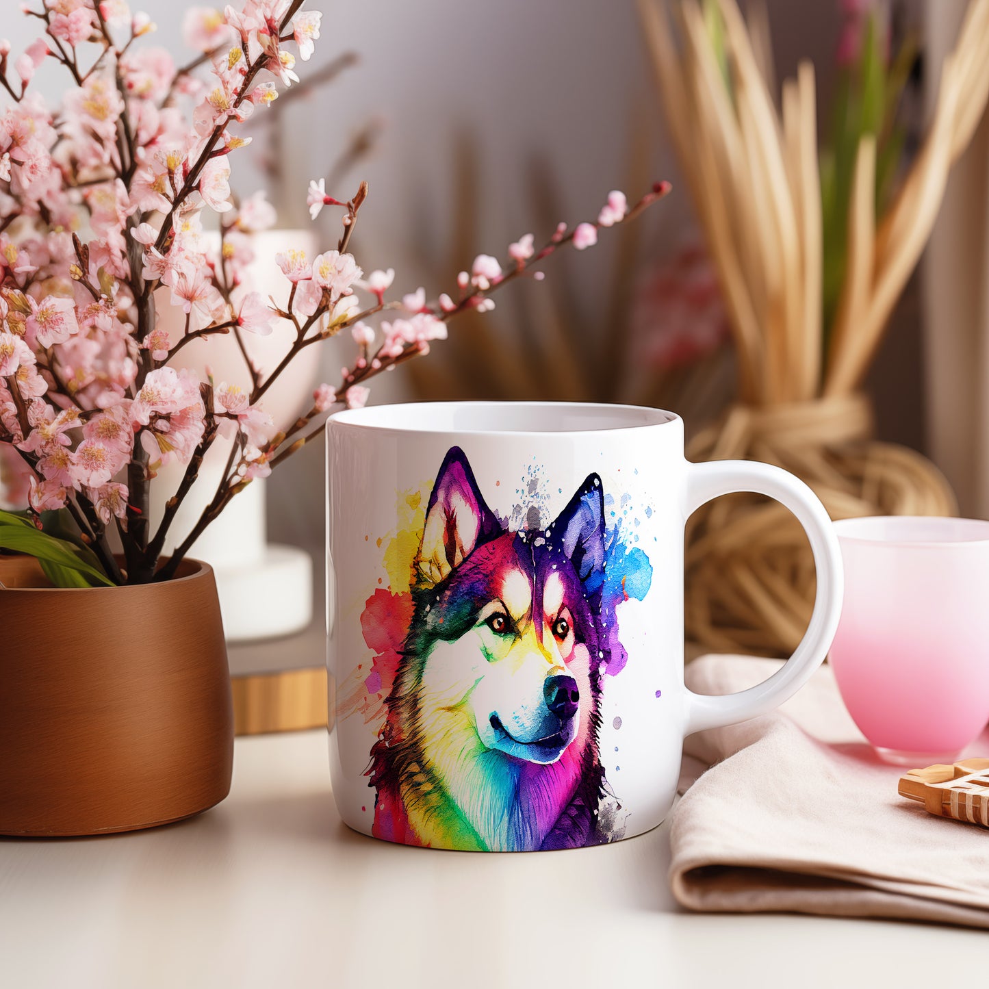 Hrnek s barevným motivem huskyho