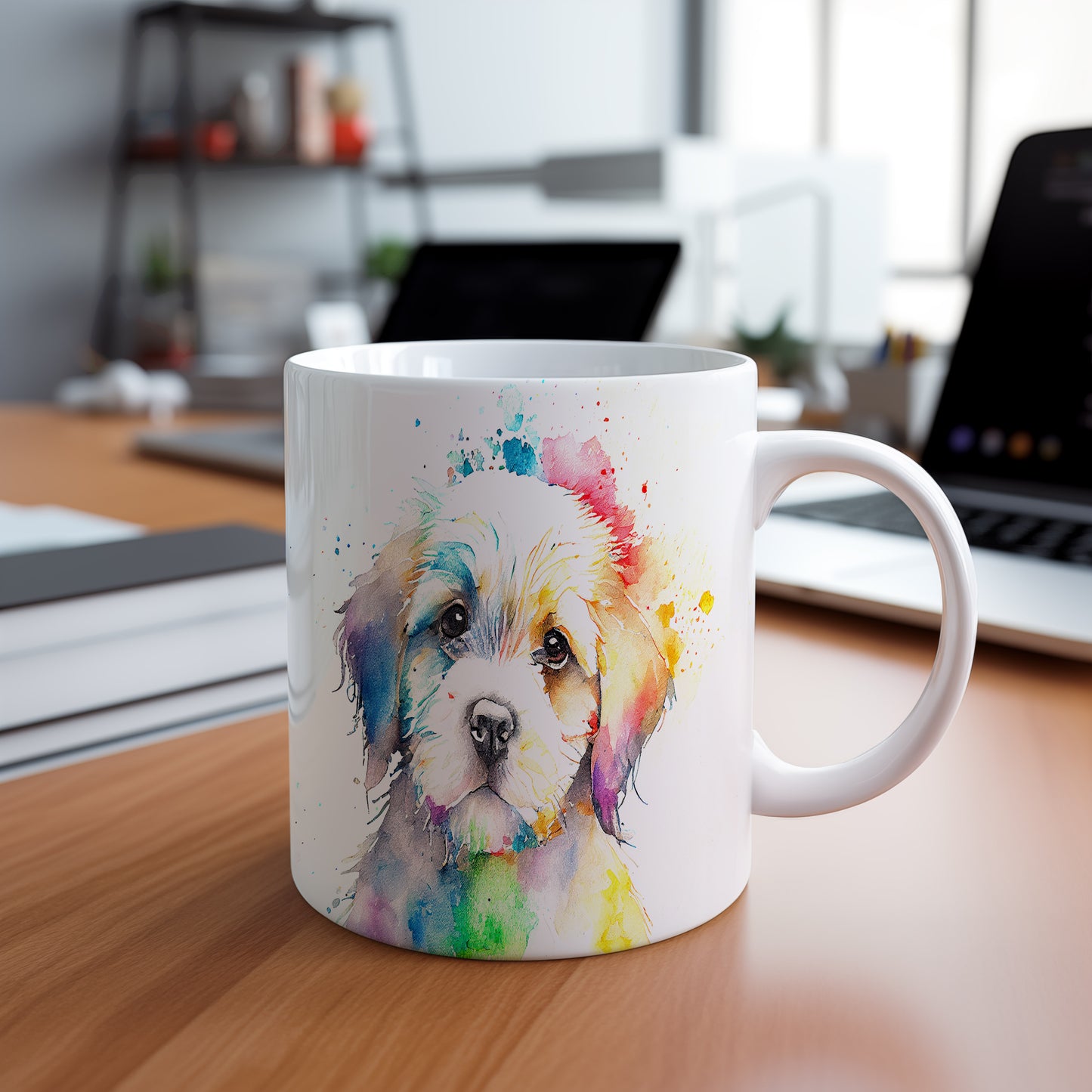 Hrnek s shihtzu štěnětem a duhovým pozadím