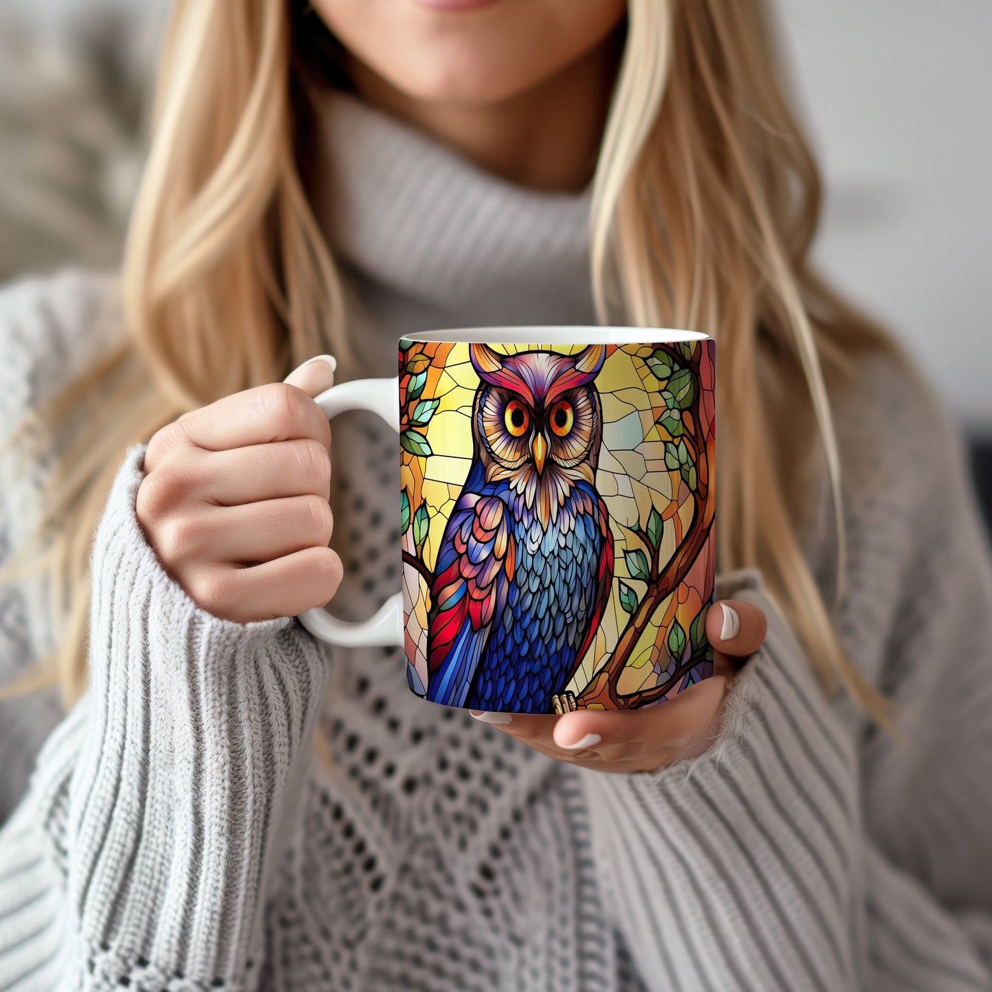 Hrnek s barevnou sovou – vtipnou digitální ilustrací