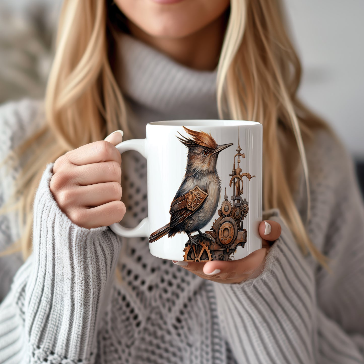 Hrnek s ptákem ve steampunkovém stylu – originálním motivem