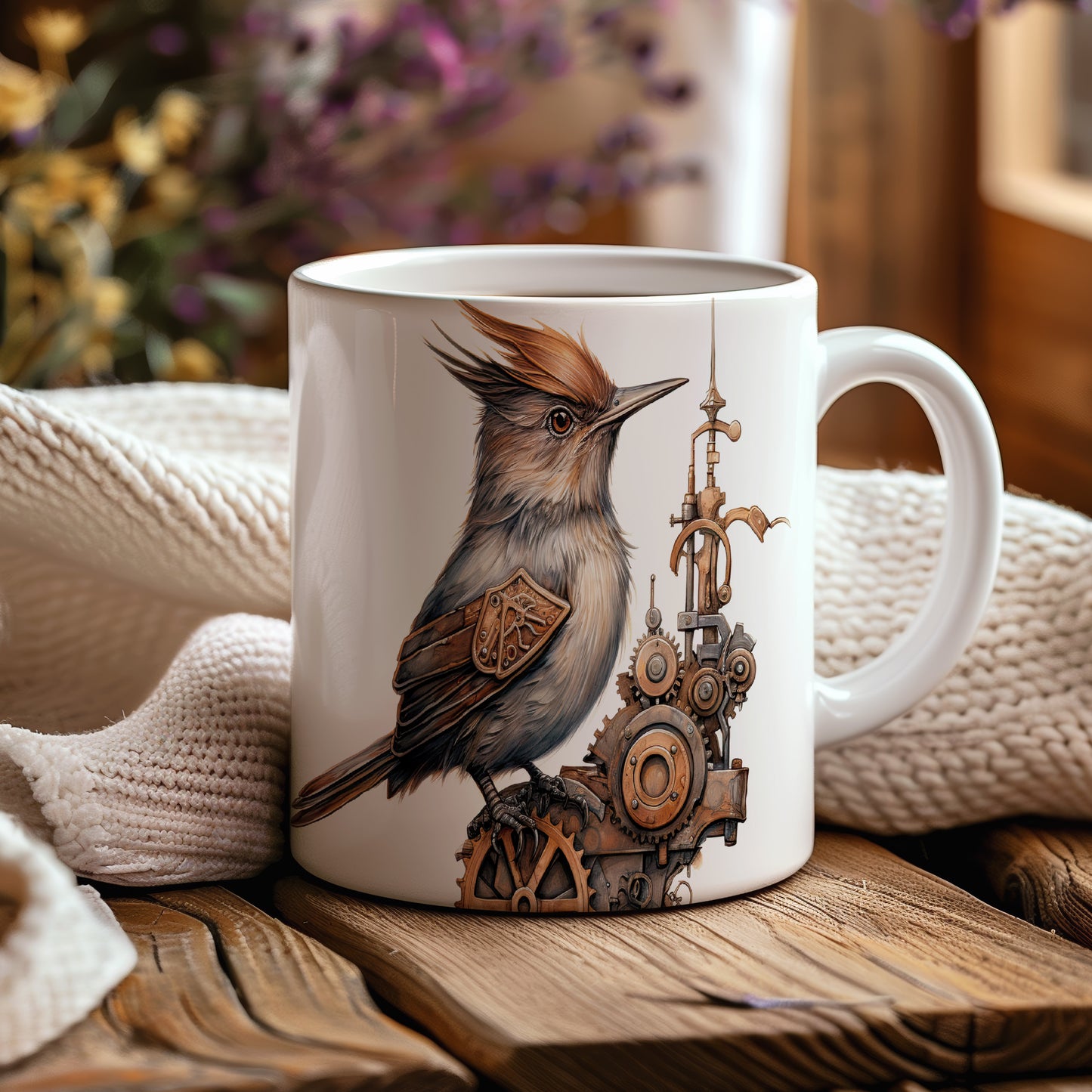 Hrnek s ptákem ve steampunkovém stylu – originálním motivem
