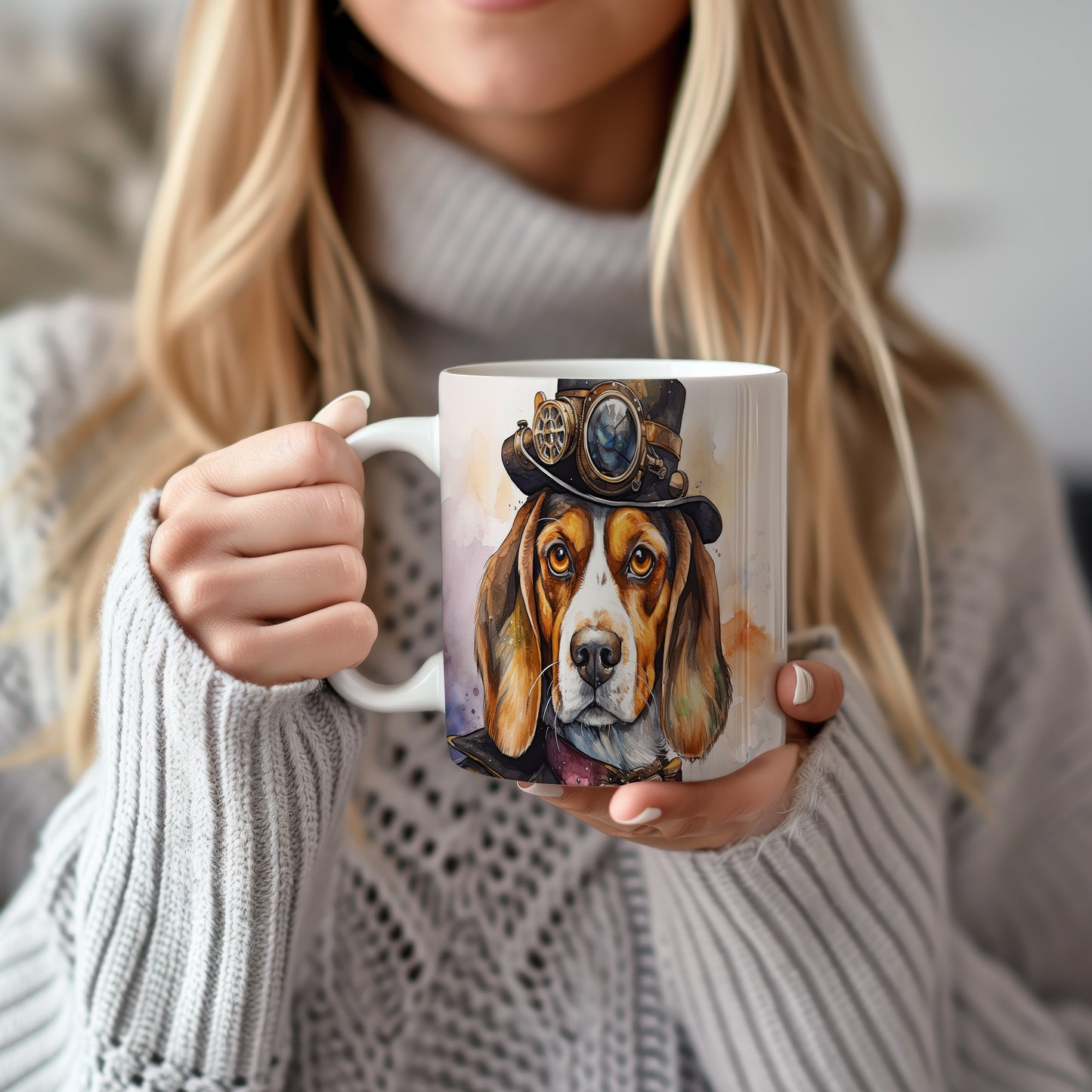 Hrnek s beagle psem v cylindru a brýlích