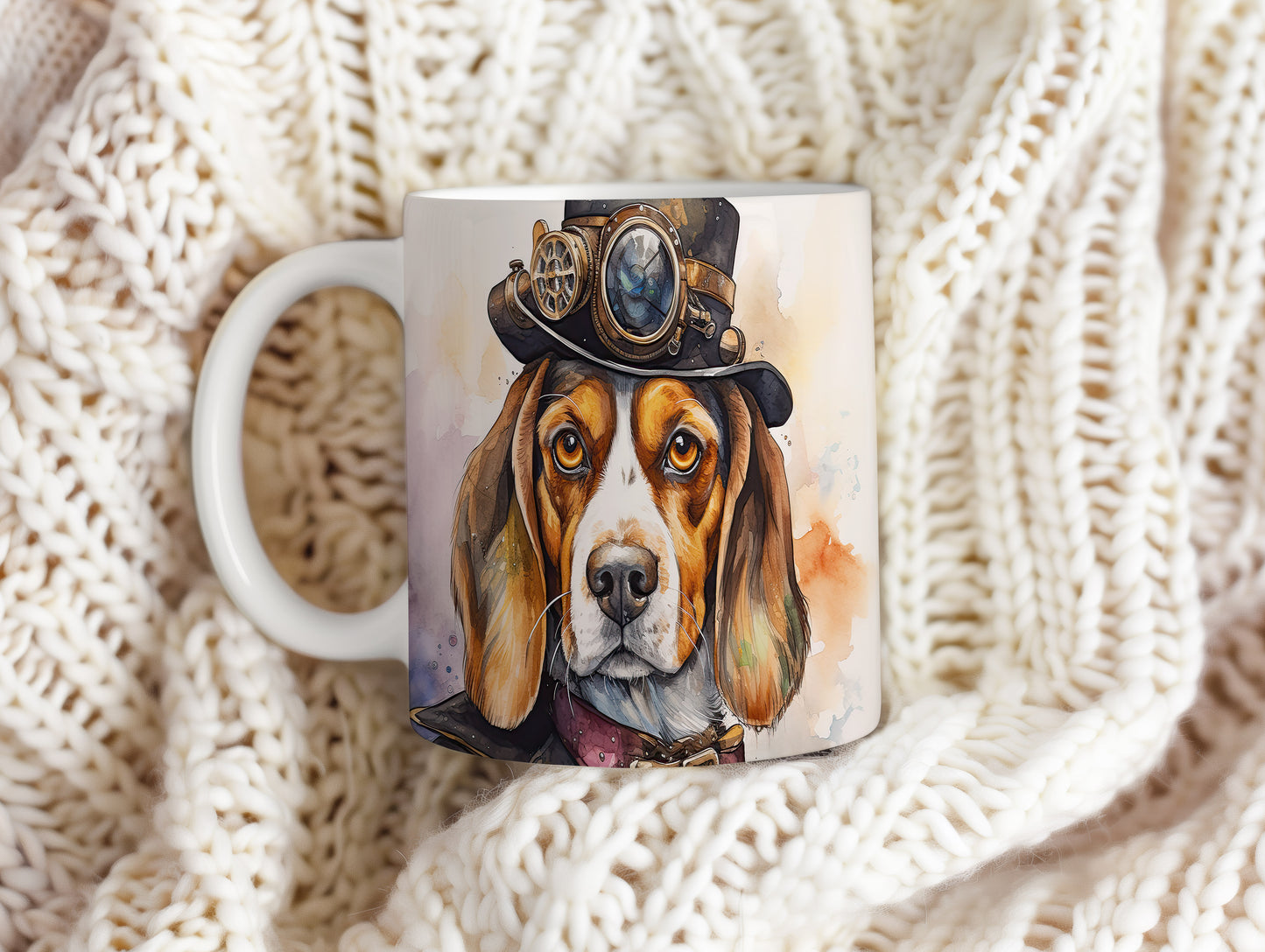 Hrnek s beagle psem v cylindru a brýlích
