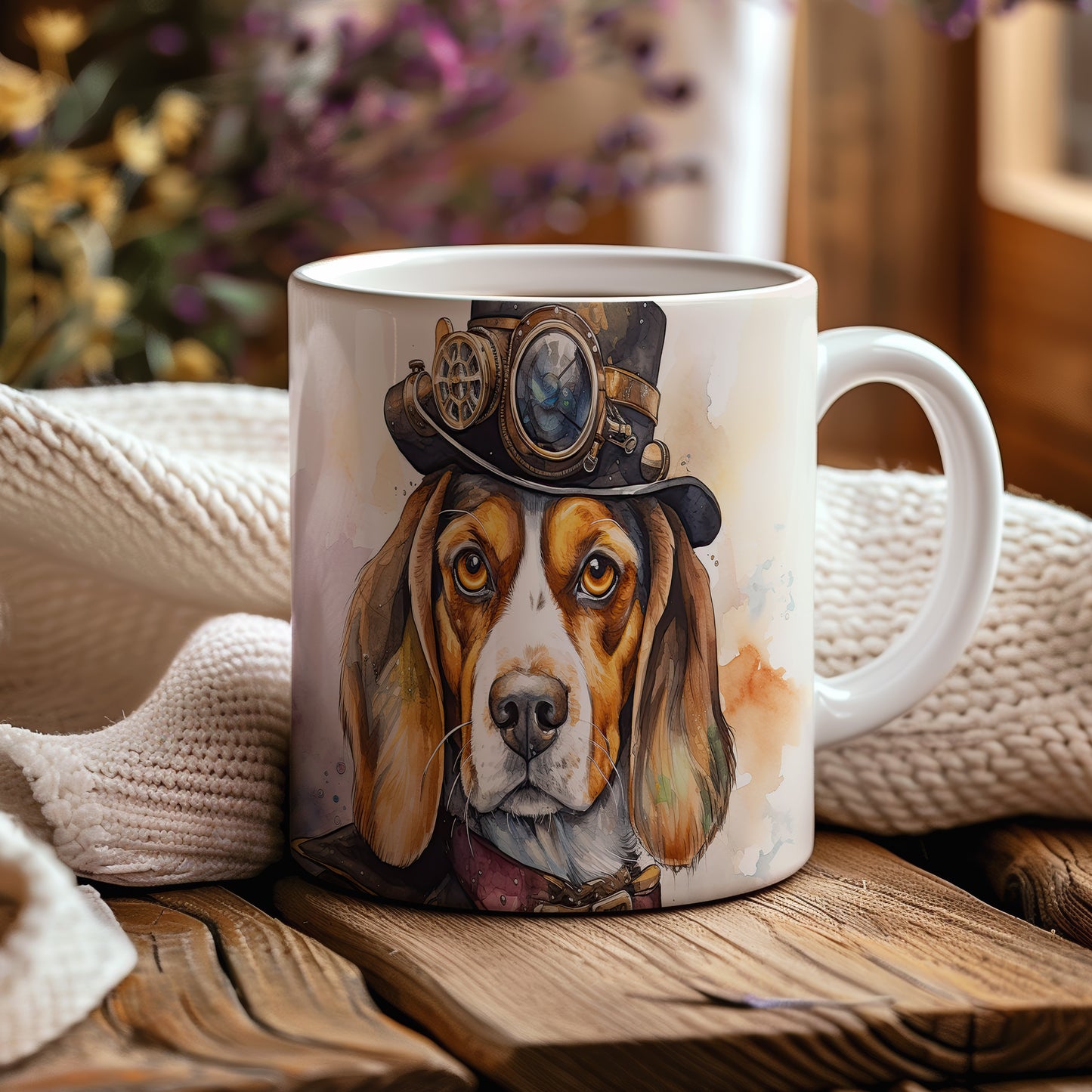 Hrnek s beagle psem v cylindru a brýlích