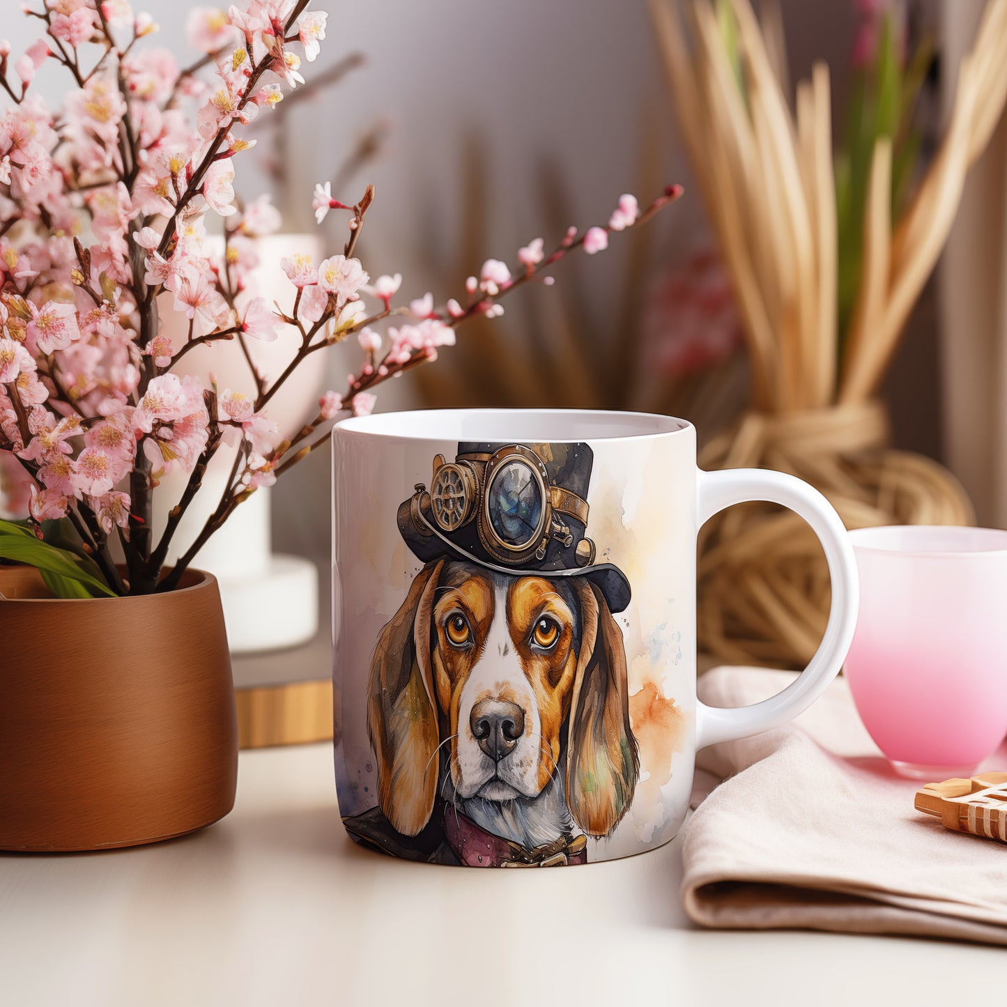 Hrnek s beagle psem v cylindru a brýlích