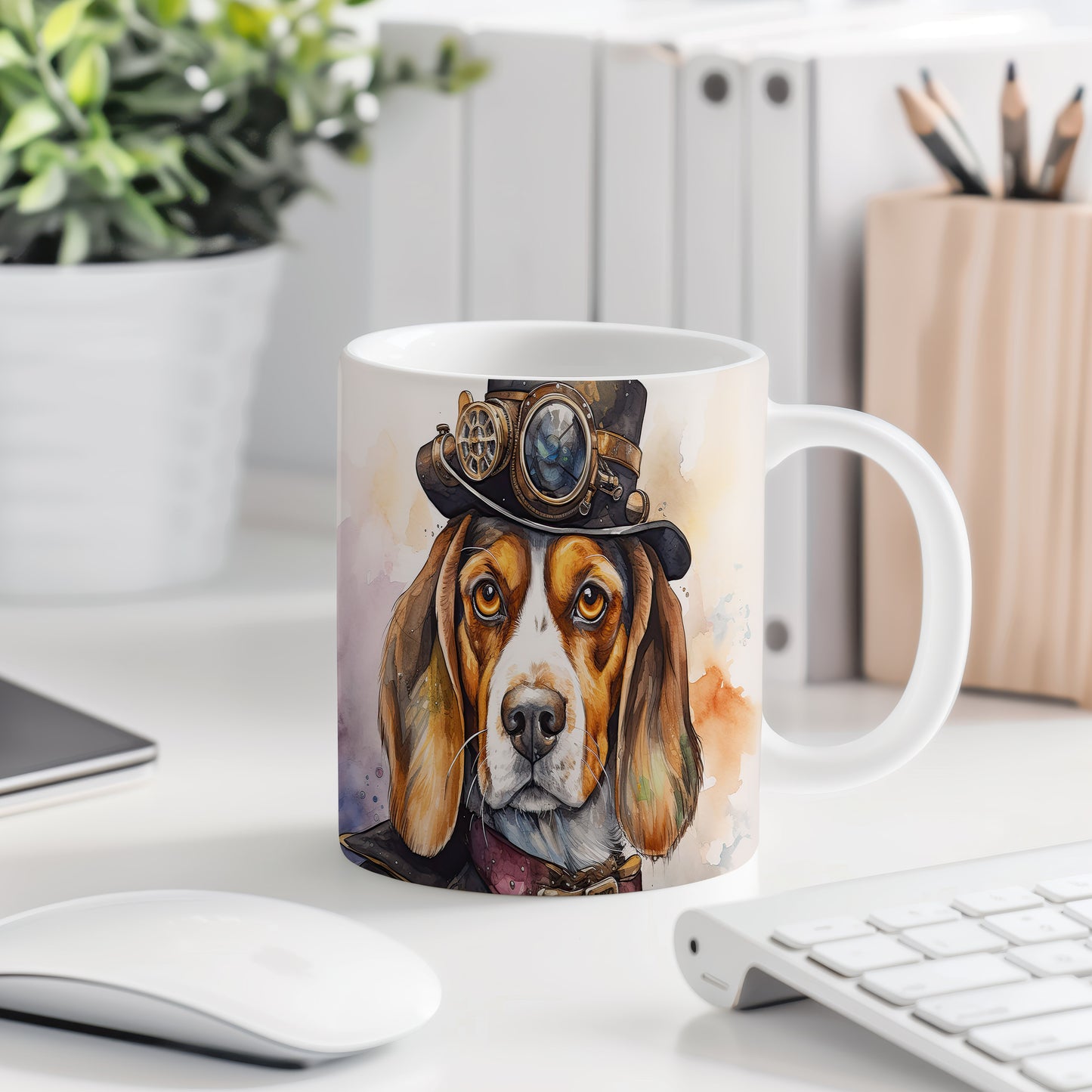 Hrnek s beagle psem v cylindru a brýlích