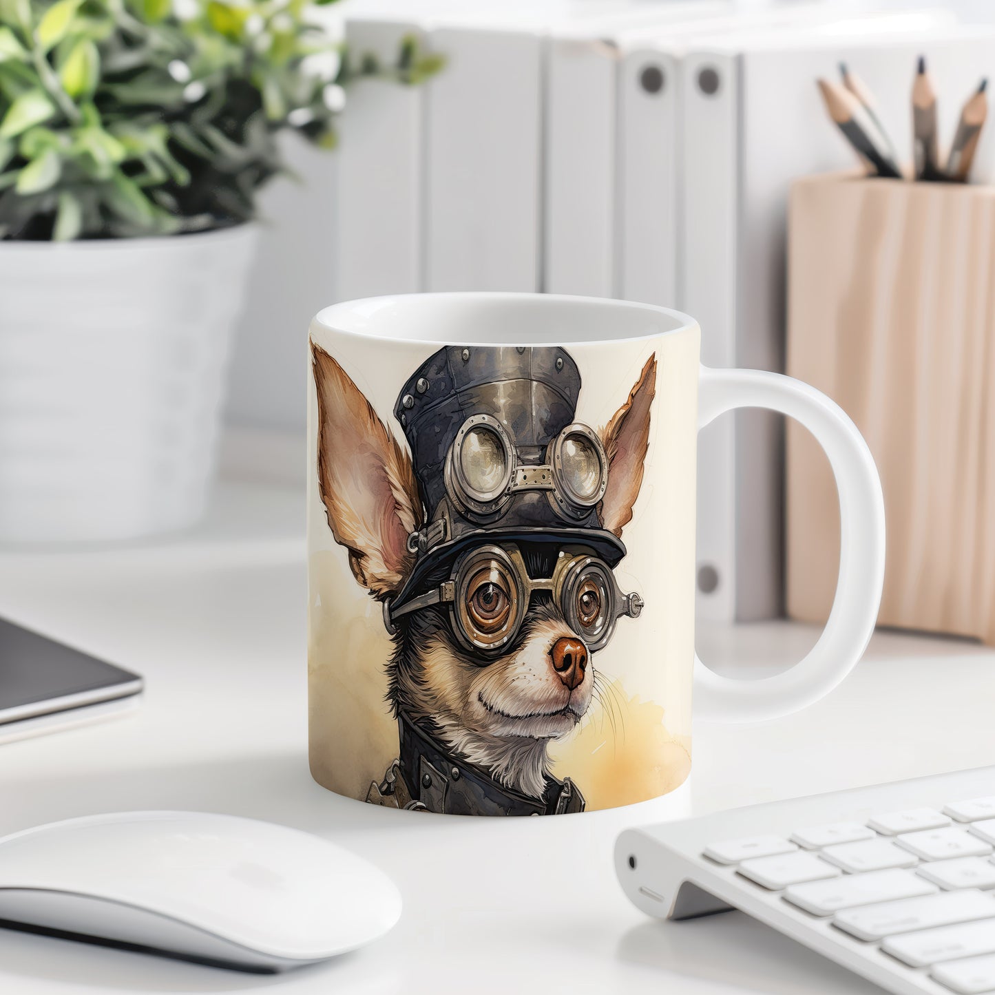 Hrnek se čivavou v brýlích a klobouku – roztomilý design