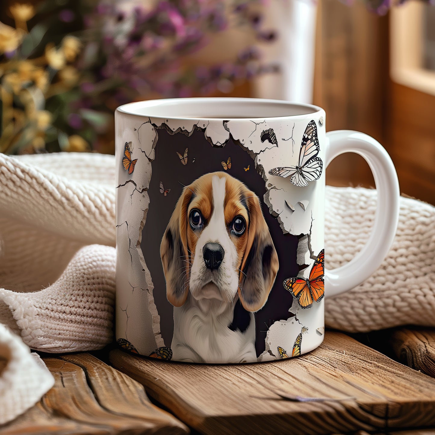 Hrnek s beagle psem a motýly