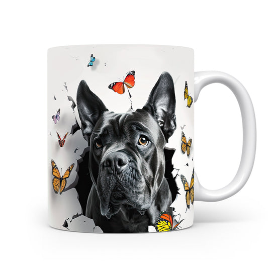 Hrnek se černým cane corso a 3D efektem motýlů