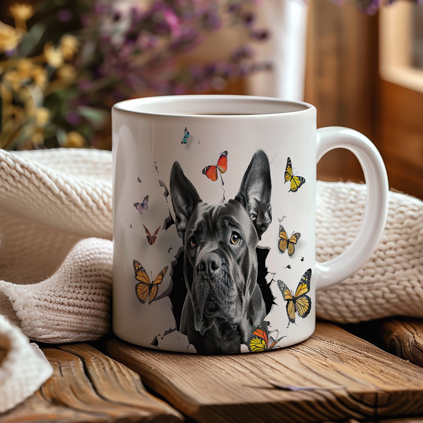 Hrnek se černým cane corso a 3D efektem motýlů