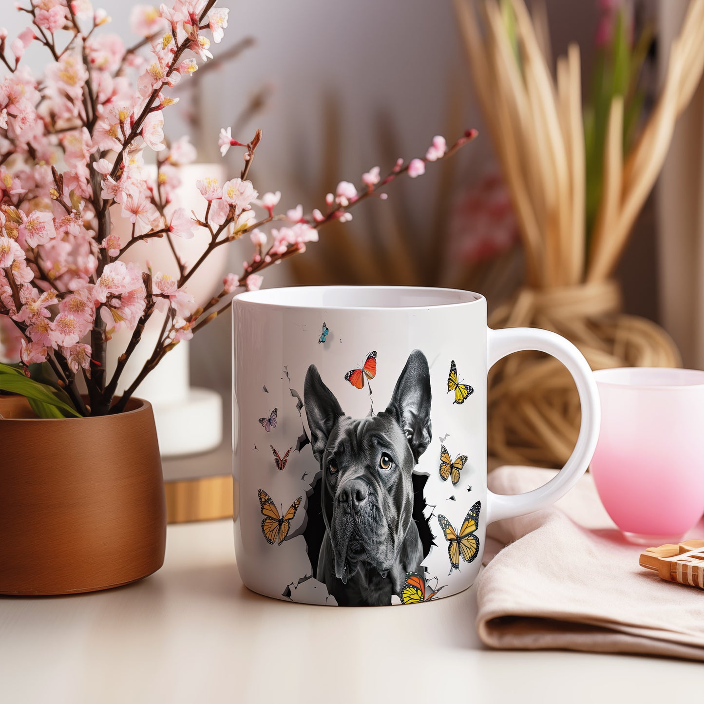 Hrnek se černým cane corso a 3D efektem motýlů