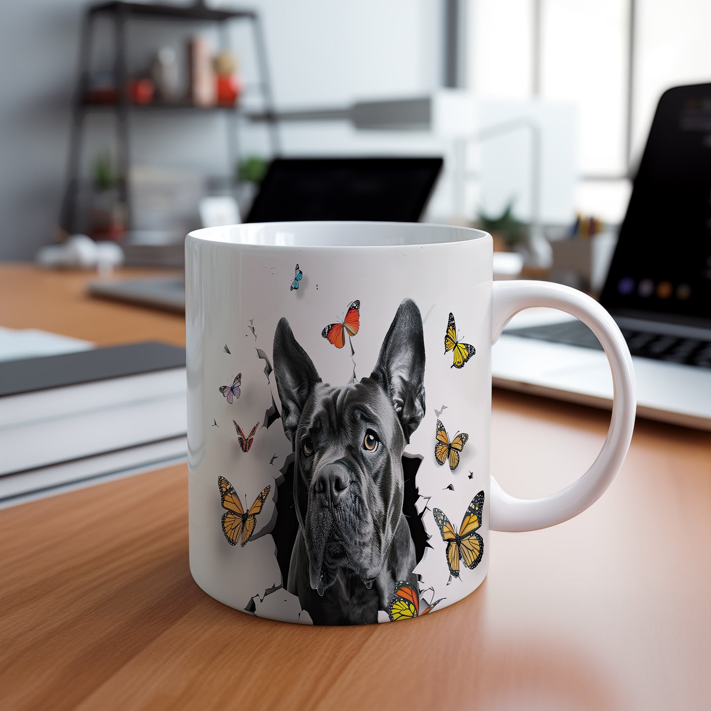 Hrnek se černým cane corso a 3D efektem motýlů