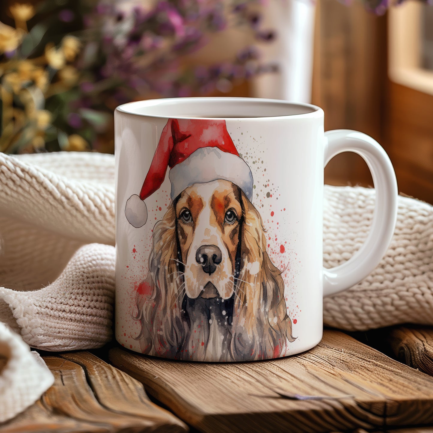 Hrnek s pejskem v Santa klobouku – černobílým motivem