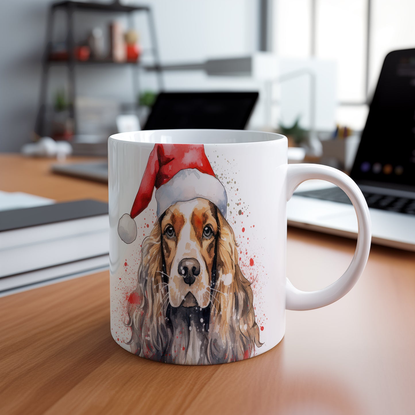 Hrnek s pejskem v Santa klobouku – černobílým motivem