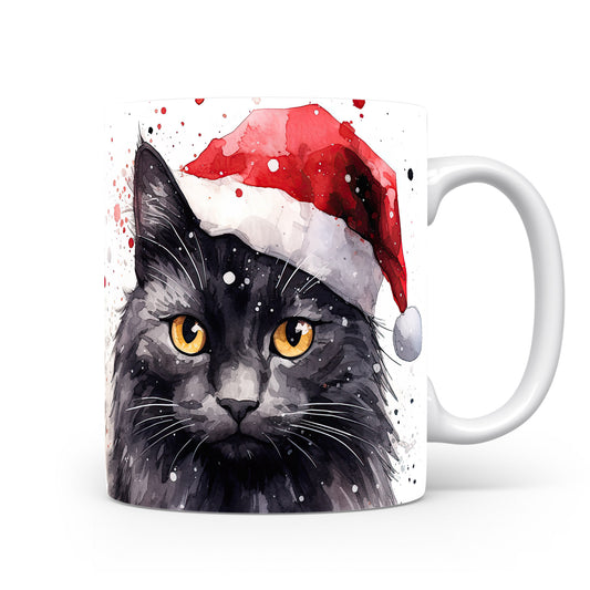 Hrnek se černou kočkou v čepici Santa
