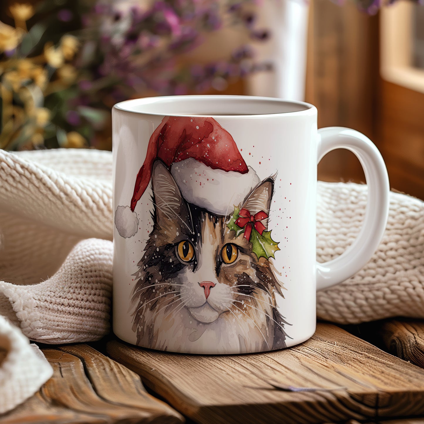 Hrnek s roztomilou kočkou v santa klobouku