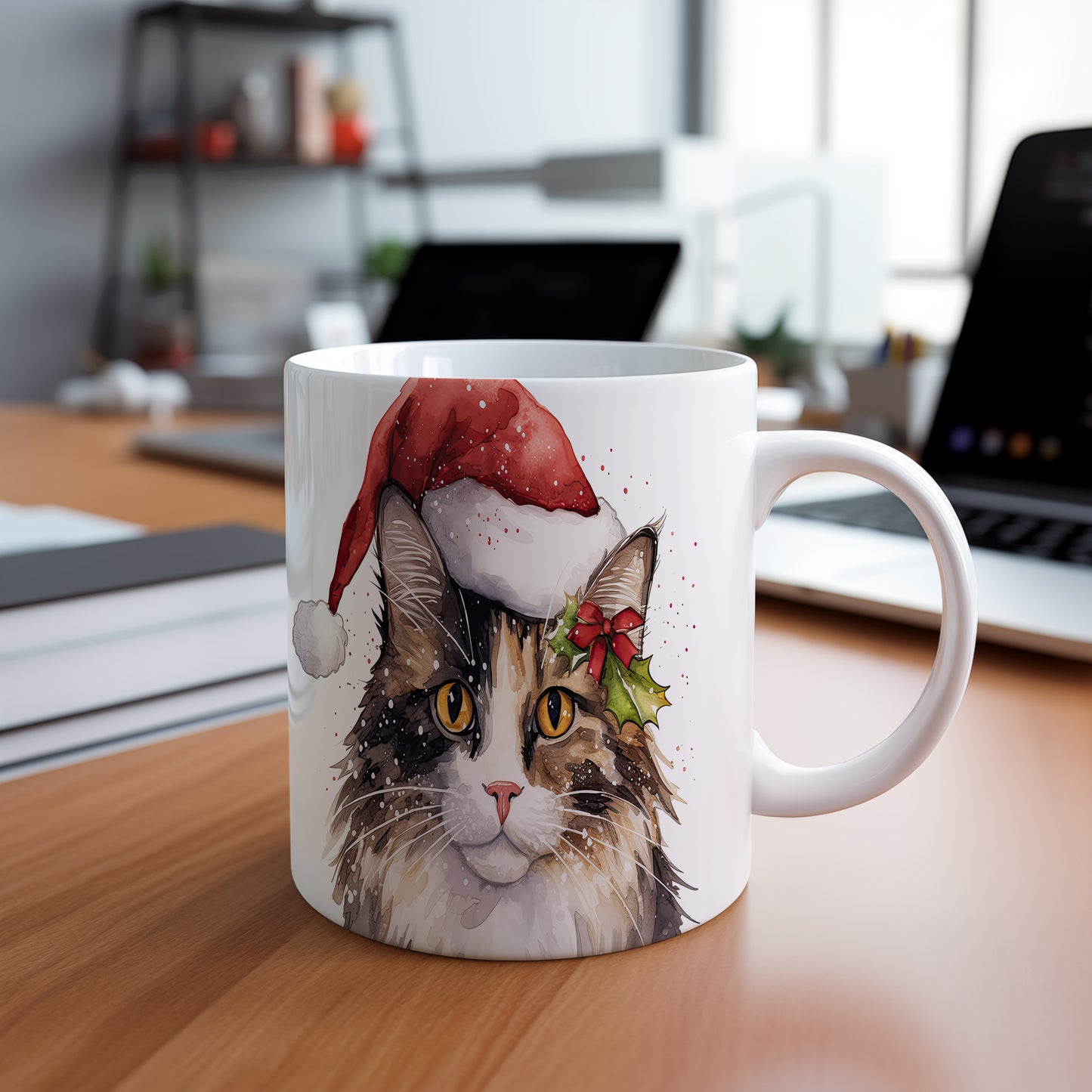 Hrnek s roztomilou kočkou v santa klobouku