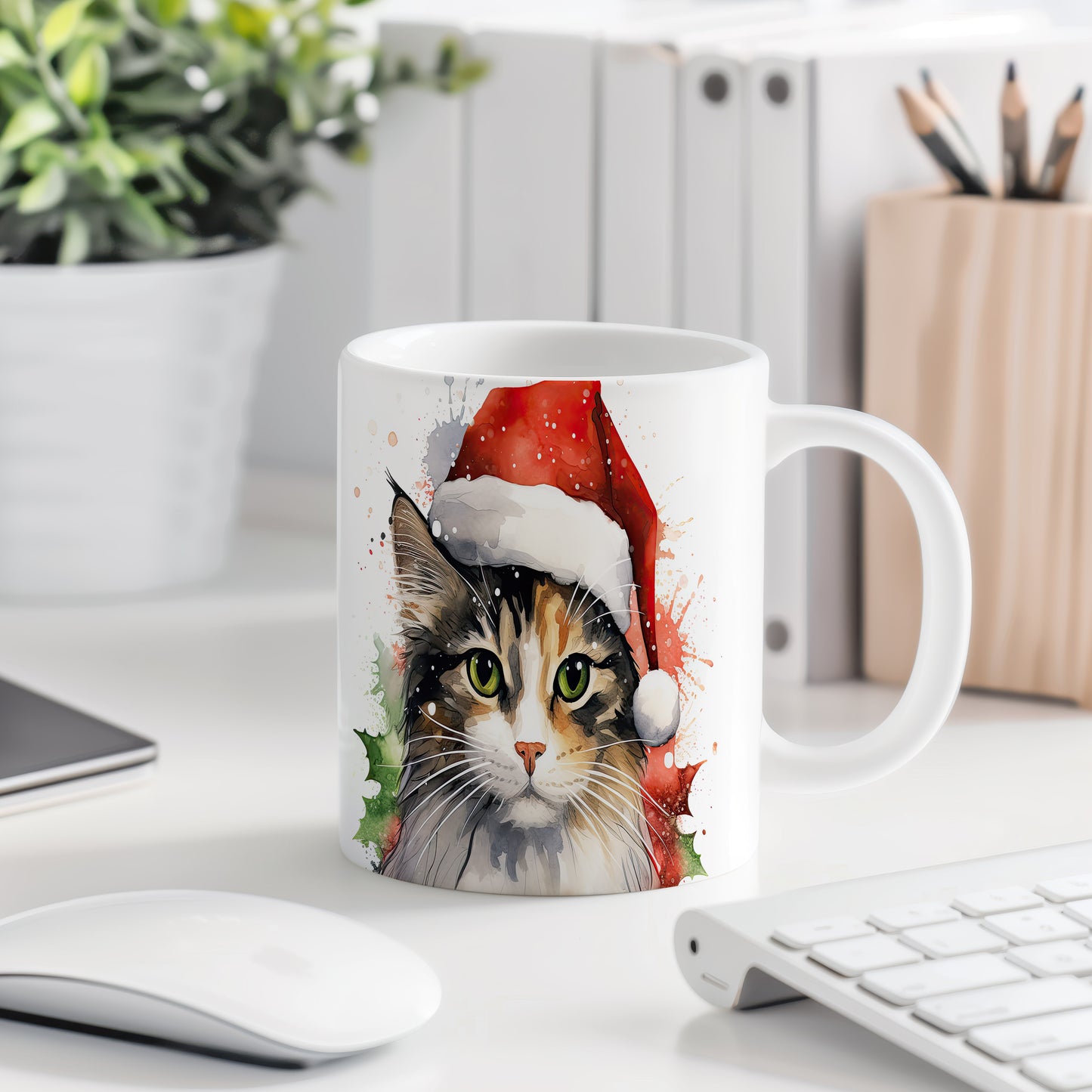 Hrnek s kočkou v čepici Santa – černobílým motivem