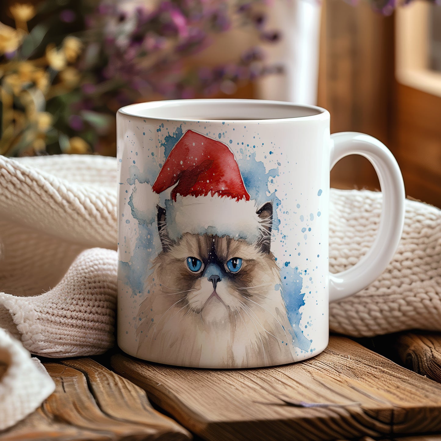 Hrnek s kočkou v čepici Santa – malířským vzhledem