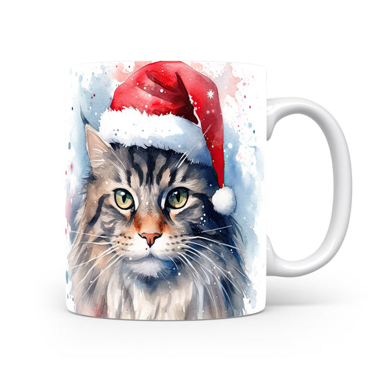 Hrnek s kočkou v čepici Santa – modrými detaily