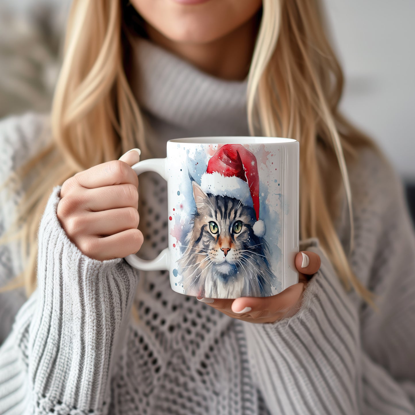 Hrnek s kočkou v čepici Santa – modrými detaily