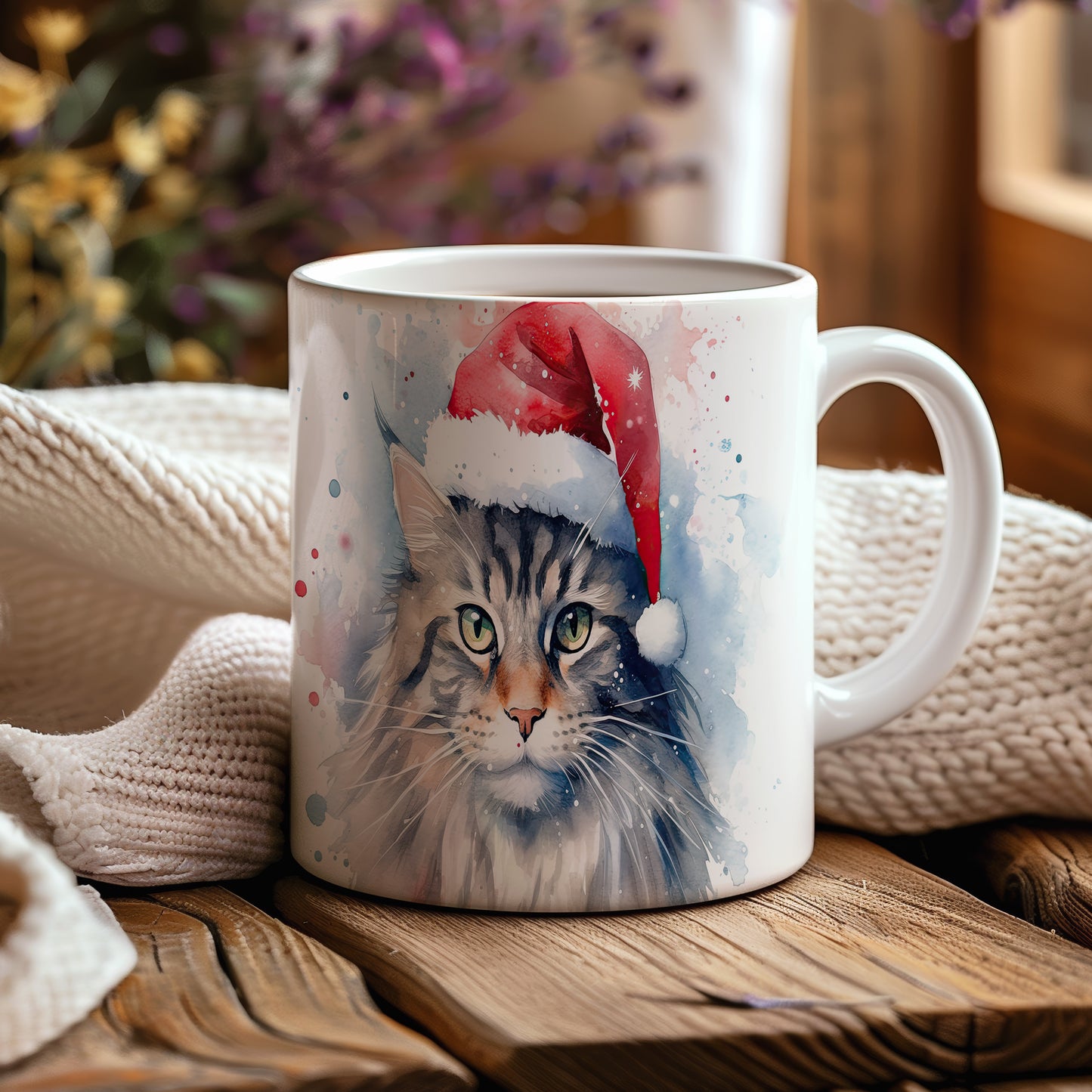 Hrnek s kočkou v čepici Santa – modrými detaily