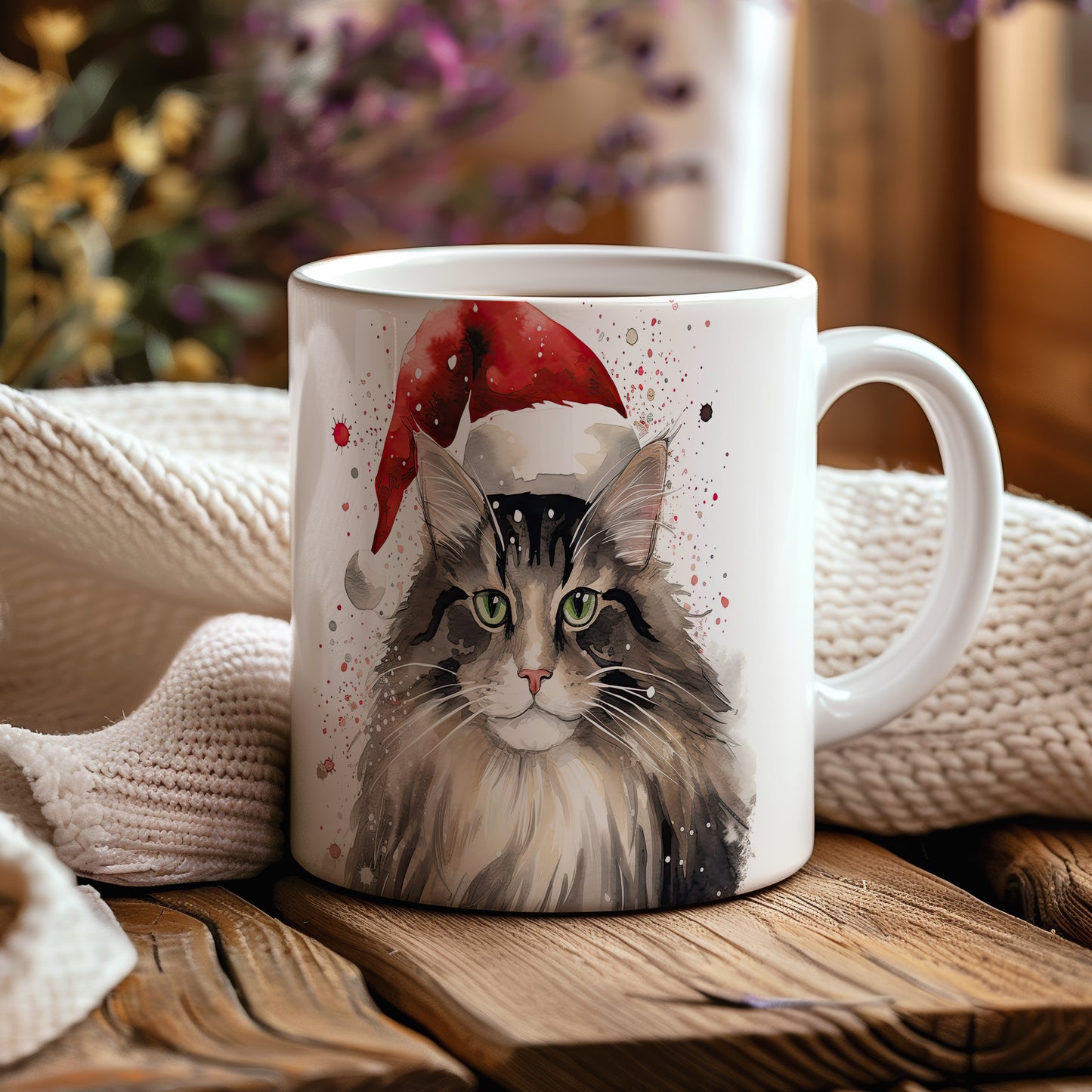 Hrnek s kočkou v čepici Santa – jemnými detaily