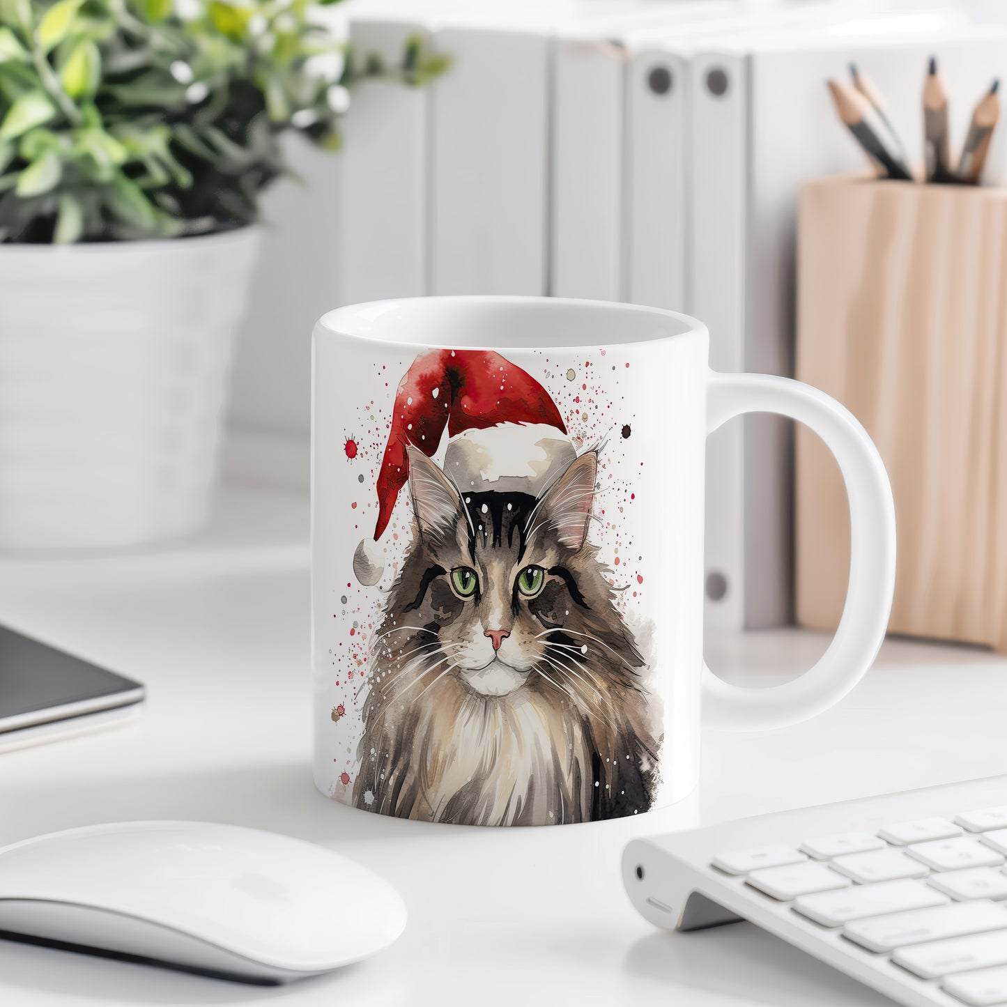 Hrnek s kočkou v čepici Santa – jemnými detaily
