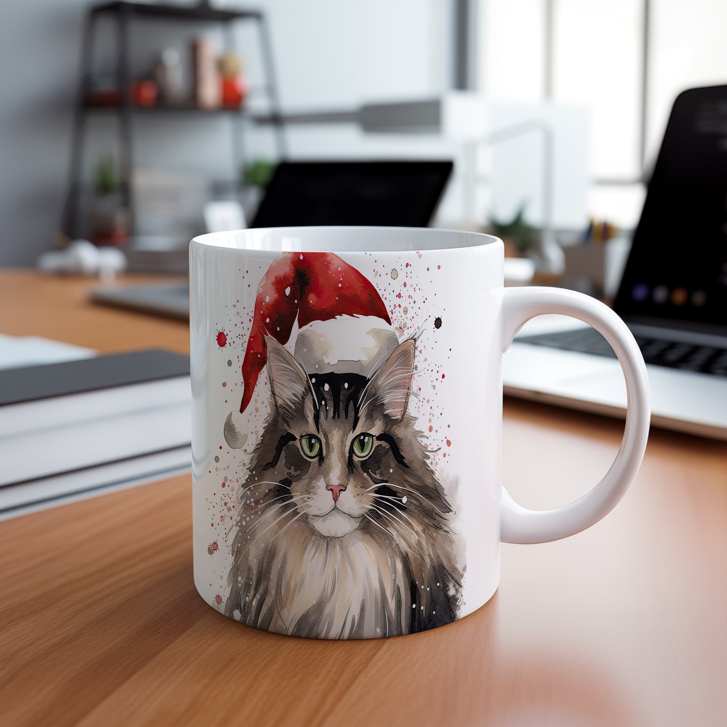 Hrnek s kočkou v čepici Santa – jemnými detaily