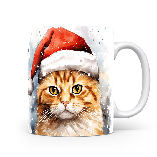 Hrnek s kočkou v čepici Santa Claus – modrými detaily