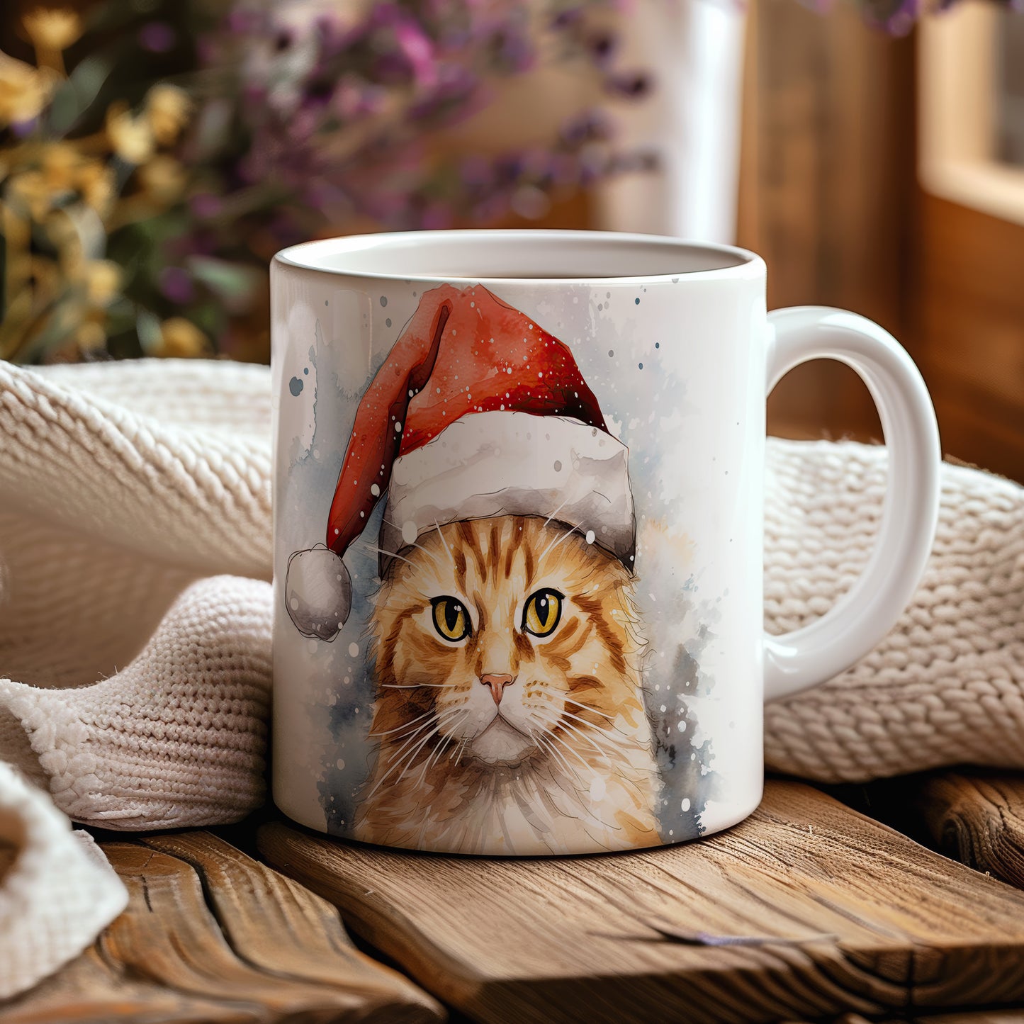 Hrnek s kočkou v čepici Santa Claus – modrými detaily