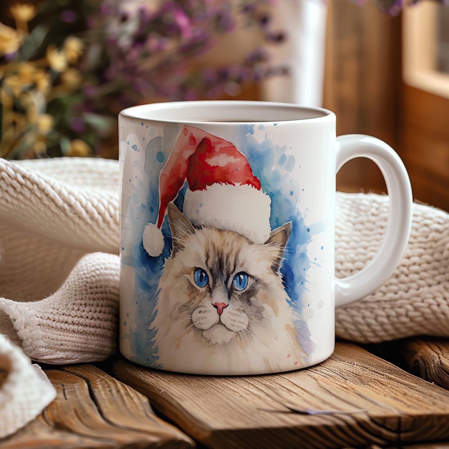 Hrnek s kočkou v santa klobouku – roztomilým motivem