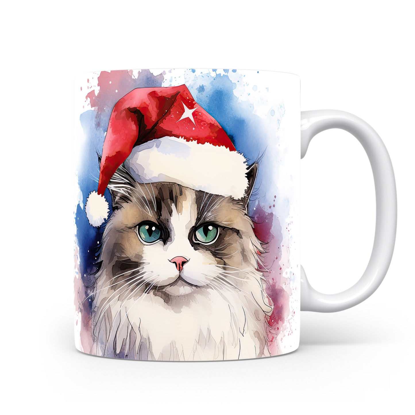 Hrnek s kočkou v Santa klobouku – modrými detaily