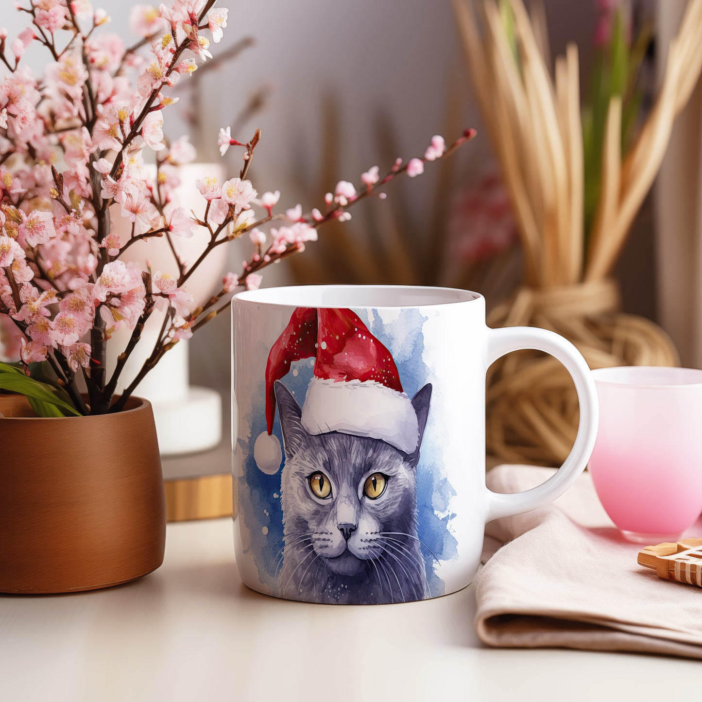 Hrnek s kočkou v čepici Santa – kontrastním vzhledem