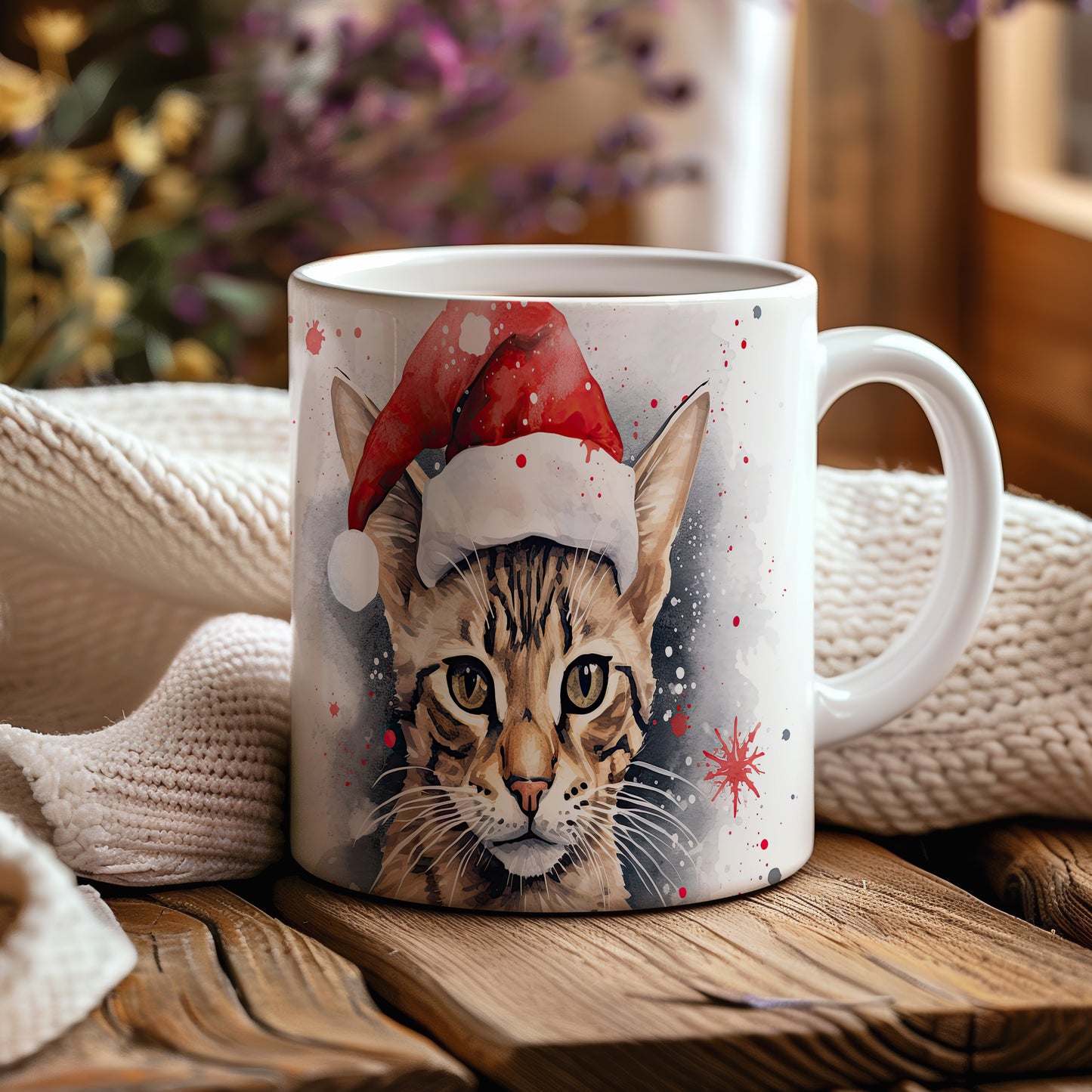 Hrnek s kočkou v čepici Santa – dárkovým tipem